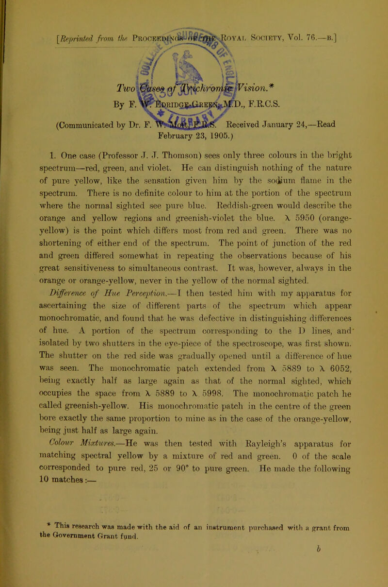 (Communicated [^Reprinted from February 23, 1905.) 1. One case (Professor J. J. Thomson) sees only three colours in the bright spectrum—red, green, and violet. He can distinguish nothing of the nature of pure yellow, like the sensation given him by the sociium flame in the spectrum. There is no definite colour to him at the portion of the spectrum where the normal sighted see pure blue. Reddish-green would describe the orange and yellow regions and greenish-violet the blue. X 5950 (orange- yellow) is the point which differs most h’om red and green. There was no shortening of either end of the spectrum. The point of junction of the red and green differed somewhat in repeating the observations because of his great sensitiveness to simultaneous contrast. It was, however, always in the orange or orange-yellow, never in the yellow of the normal sighted. Difference of Hue Perception.—I then tested him with my apparatus for ascertaining the size of different parts of the spectrum which appear monochromatic, and found that he was defective in distinguishing differences of hue. A portion of the spectrum cori-esponding to the 1) lines, and' isolated by two shutters in the eye-piece of the spectroscope, was first showu. The shutter on the red side was gradually opened until a difference of hue was seen. The monochromatic patch extended from X 5889 to X 6052, being exactly half as large again as that of the normal sighted, which occupies the space from X 5889 to X 5998. The monochromatic patch he called greenish-yellow. His monochromatic patch in the centre of the green bore exactly the same proportion to mine as in the case of the orange-yellow, being just half as large again. Colour Mixtures.—He was then tested with Rayleigli’s apparatus for matching spectral yellow by a mixture of red and green. 0 of the scale corresponded to pure red, 25 or 90° to pure green. He made the following 10 matches:— * This research was made with the aid of an instrument purchased witli a pjrant from the Government Grant fpnd. b