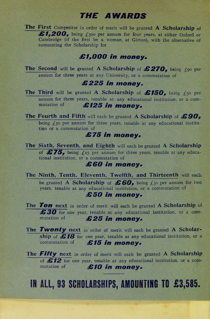 THE AWARDS The First Competitor in order of merit will be granted A Scholarship of £1,200, being /300 per annum for four years, at either Oxford or Cambridge (if the first be a woman, at Girton), with the alternative of commuting the Scholarship for £1,000 In money. The Second will be granted A Scholarship of £270, being £90 per annum for three years at any University, or a commutation of £225 in money. The Third will be granted A Scholarship of £150, being /50 per annum for three years, tenable at any educational institution, or a com- mutation of £125 in money. The Fourth and Fifth will each be granted A Scholarship of £90, being £30 per annum for three years, tenable at any educational institu- tion or a commutation of £75 in money. The Sixth, Seventh, and Eighth will each be granted A Scholarship of £75, being ^25 per annum for three years, tenable at any educa- tional institution, or a commutation of £60 in money. The Ninth, Tenth, Eleventh, Twelfth, and Thirteenth will each be granted A Scholarship of £ 60, being £20 per annum for two years, tenable at any educational institution, or a commutation of £50 in money. The Ten next in order of merit will each be granted A Scholarship of £30 for one year, tenable at any educational institution, or a com- mutation of £25 in money. The Twenty next in order of merit will each be granted A Scholar- ship of £ 18 for one year, tenable at any educational institution, or a commutation of £15 in money. The Fifty next in order of merit will each be granted A Scholarship of £12 for one year, tenable at any educational institution, or a com- mutation of £10 in money. IN ALL, 93 SCHOLARSHIPS, AMOUNTING TO £3,585.