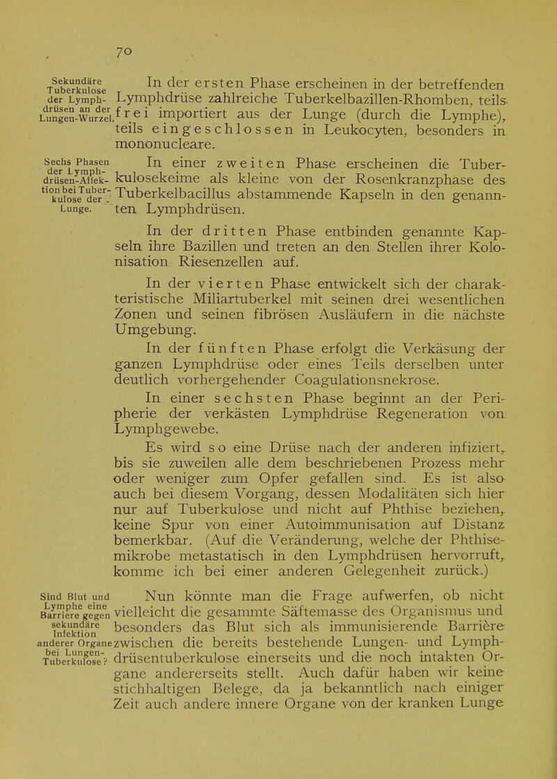 Tuberkufose der ersten Phase erscheinen in der betreffenden der Lymph- Lymphdrüse zahlreiche Tuberkelbazillen-Rhomben, teils- Umgen-Wurdzee'i.frei importiert aus der Lunge (durch die Lymphe), teils eingeschlossen in Leukocyten, besonders in mononucleare. deCrhl Pmahen *n einer zweiten Phase erscheinen die Tuber- driisen-Affek- kulosekeime als kleine von der Rosenkranzphase des h°knudosJde?rr Tuberkelbacillus abstammende Kapseln in den genann- Lunge. ten Lymphdrüsen. In der dritten Phase entbinden genannte Kap- seln ihre Bazillen und treten an den Stellen ihrer Kolo- nisation Riesenzellen auf. In der vierten Phase entwickelt sich der charak- teristische Miliartuberkel mit seinen drei wesentlichen Zonen und seinen fibrösen Ausläufern in die nächste Umgebung. In der fünften Phase erfolgt die Verkäsung der ganzen Lymphdrüse oder eines Teils derselben unter deutlich vorhergehender Coagulationsnekrose. In einer sechsten Phase beginnt an der Peri- pherie der verkästen Lymphdrüse Regeneration von Lymphgewebe. Es wird s o eine Drüse nach der anderen infiziert,, bis sie zuweilen alle dem beschriebenen Prozess mehr oder weniger zum Opfer gefallen sind. Es ist also auch bei diesem Vorgang, dessen Modalitäten sich hier nur auf Tuberkulose und nicht auf Phthise beziehen, keine Spur von einer Autoimmunisation auf Distanz, bemerkbar. (Auf die Veränderung, welche der Phthise- mikrobe metastatisch in den Lymphdrüsen hervorruft, komme ich bei einer anderen Gelegenheit zurück.) sind Biut und Nun könnte man die Frage aufwerfen, ob nicht BLamereegegeen vielleicht die gesanunte Säftemasse des Organismus und Sektion6 besonders das Blut sich als immunisierende Barriöre anderer Organezwischen die bereits bestehende Lungen- und Lymph- TuberkiXse’? drüsentuberkulose einerseits und die noch intakten Or- gane andererseits stellt. Auch dafür haben wir keine stichhaltigen Belege, da ja bekanntlich nach einiger Zeit auch andere innere Organe von der kranken Lunge