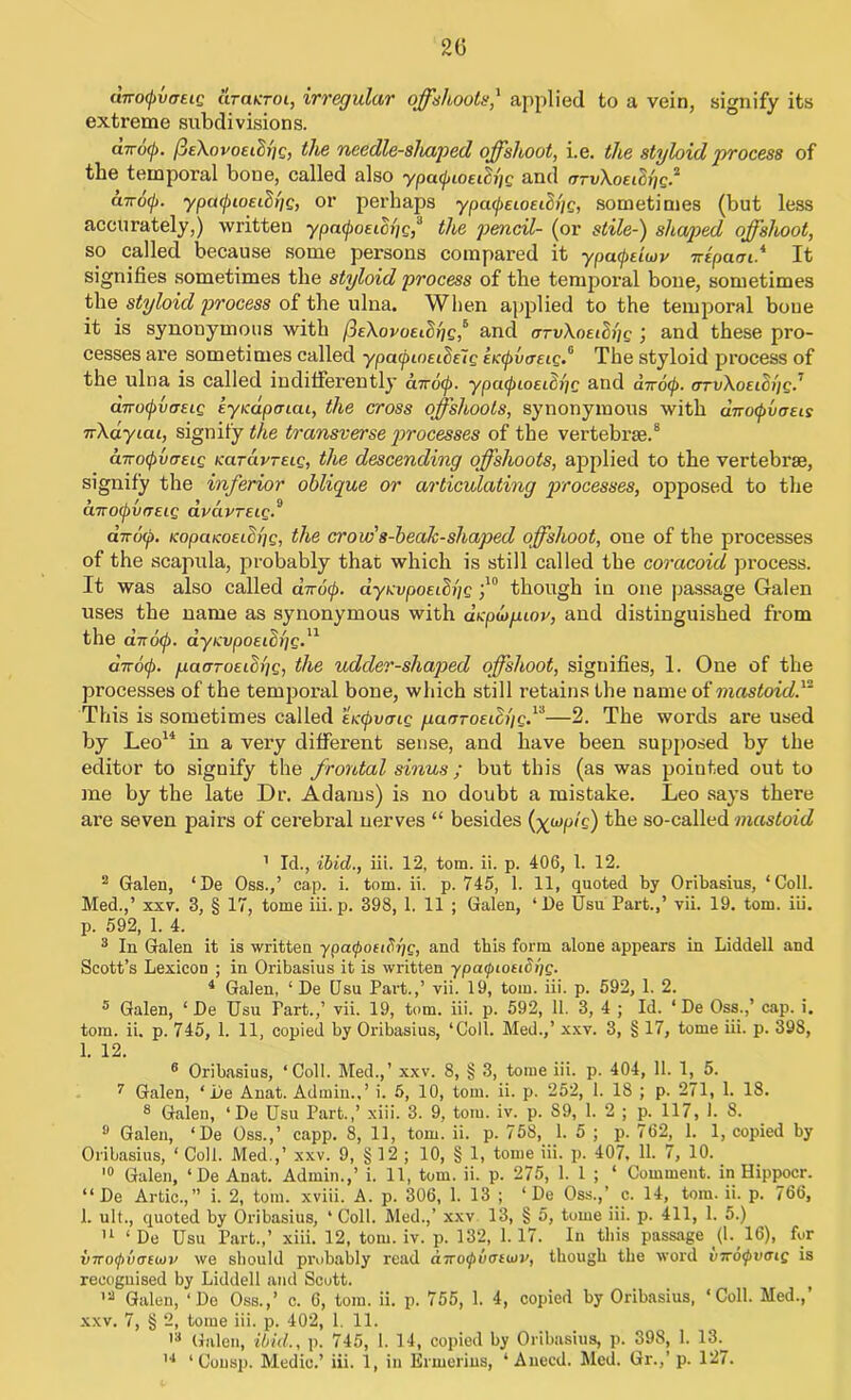 dirofvcrEtG drarroi, irregular offshoot#,1 applied to a vein, signify its extreme subdivisions. «tro<p. fieXovoEih'ie, the needle-shaped offshoot, i.e. the styloid process of the temporal bone, called also ypa^iOEih'ig and (ttvXoeiStiq* cnr6(j). ypacpioEidiiG, or perhaps ypcKpeioEih'ic, sometimes (but less accurately,) written ypa^oEicy'ig,' the pencil- (or stile-) shaped offshoot, so called because some persons compared it ypct</>aW nepaai,4 It signifies sometimes the styloid process of the temporal bone, sometimes the styloid process of the ulna. When applied to the temporal bone it is synonymous with /3eAovo£i2»;£,6 and crrvXoEih'jg ; and these pro- cesses are sometimes called ypayweiSeig bctyvaEig.6 The styloid process of the ulna is called indifferently c’t7rcJ^>. ypu<pioEibi]g and airo<p. ffrvXoEici'ig.' dno(j)V(TEig kytcdpcnai, the cross offshoots, synonymous with dnotyvaEts 7rXdyicu, signify tlie transverse processes of the vertebrae.8 d~o(j)vaEig Kardvreig, the descending offshoots, applied to the vertebrae, signify the inferior oblique or articulating processes, opposed to the anotyvaeig avavrEig.9 dir/xp. KopctKoeidrjg, the crow's-beak-shaped offshoot, one of the processes of the scapula, probably that which is still called the coracoid process. It was also called diracf). diyrupoeici'ig ;10 though in one passage Galen uses the name as synonymous with dxpwpov, and distinguished from the <17ro(j). dyKvpoEL()>ig.n airof. /.laoroEibhg, the udder-shaped offshoot, signifies, 1. One of the processes of the temporal bone, which still retains the name of mastoid.1' This is sometimes called EKtyvmg parjTO£iE{ig.u—2. The words are used by Leo14 in a very different sense, and have been supposed by the editor to signify the frontal sinus ; but this (as was pointed out to me by the late Dr. Adams) is no doubt a mistake. Leo says there are seven pairs of cerebral nerves “ besides (yojp/e) the so-called mastoid 1 Id., ibid., iii. 12, tom. ii. p. 406, 1. 12. 2 Galen, ‘De Oss.,’ cap. i. tom. ii. p. 745, 1. 11, quoted by Oribasius, ‘Coll. Med.,’ xxv. 3, § 17, tome iii.p. 398, 1. 11 ; Galen, ‘De Usu Part.,’ vii. 19. tom. iii. p. 592, 1. 4. 3 In Galen it is written ypaipoeiSrig, and this form alone appears in Liddell and Scott’s Lexicon ; in Oribasius it is written ypa<pioeidr)g. 4 Galen, ‘ De Osu Part.,’ vii. 19, tom. iii. p. 592, 1. 2. 5 Galen, ‘ De Usu Part.,’ vii. 19, tom. iii. p. 592, 11. 3, 4 ; Id. ‘ De Oss.,’ cap. i. tom. ii. p. 745, 1. 11, copied by Oribasius, ‘Coll. Med.,’ xxv. 3, § 17, tome iii. p. 398, 1. 12. 6 Oribasius, ‘Coll. Med.,’ xxv. 8, § 3, tome iii. p. 404, 11. 1, 5. 7 Galen, ‘De Anat. Admin.,’ i. 5, 10, tom. ii. p. 252, 1. 18 ; p. 271, 1. 18. 8 Galen, ‘De Usu Part.,’ xiii. 3. 9, tom. iv. p. 89, 1. 2 ; p. 117, 1. 8. 8 Galen, ‘De Oss.,’ capp. 8, 11, tom. ii. p. 758, 1. 5 ; p. 762, 1. 1, copied by Oribasius, ‘ Coll. Med.,’ xxv. 9, §12; 10, § 1, tome iii. p. 407, 11. 7, 10. 10 Galen, ‘De Anat. Admin.,’ i. 11, tom. ii. p. 275, 1. 1 ; * Comment, in Hippocr. “ De Artie.,” i. 2, tom. xviii. A. p. 306, 1. 13 ; ‘ De Oss.,’ c. 14, tom. ii. p. 766, 1. ult., quoted by Oribasius, * Coll. Med.,’ xxv 13, § 5, tome iii. p. 411, 1. 5.) 11 ‘ De Usu Part.,’ xiii. 12, tom. iv. p. 132, 1.17. In this passage (1. 16), for vTrofpvmwv we should probably read dirofucnun’, though the word v~o<pvatg is recognised by Liddell and Scott. t '2 Galen, ‘ De Oss.,’ c. 6, tom. ii. p. 755, 1. 4, copied by Oribasius, ‘Coll. Med., xxv. 7, § 2, tome iii. p. 402, 1. 11. 13 Galen, ibid., p. 745, 1. 14, copied by Oribasius, p. 398, 1. 13.^ ,4 ‘ Cousp. Medic.’ iii. 1, in Ermerins, ‘Anecd. Med. Gr.,’p. 127.