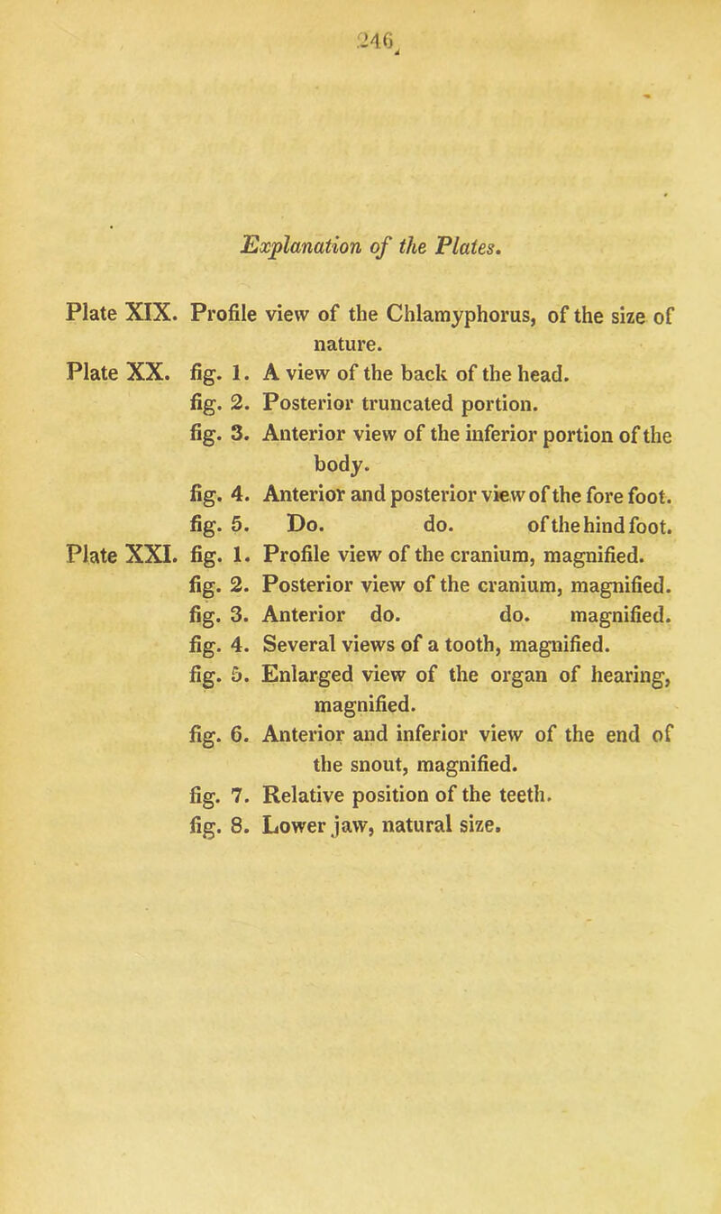 A Explanation of the Plates. Plate XIX. Plate XX. Plate XXI. Profile view of the Chlamyphorus, of the size of nature. fig. 1. A view of the back of the head, fig. 2. Posterior truncated portion, fig. 3. Anterior view of the inferior portion of the body. fig. 4. Anterior and posterior view of the fore foot, fig. 5. Do. do. of the hind foot, fig. 1. Profile view of the cranium, magnified, fig. 2. Posterior view of the cranium, magnified, fig. 3. Anterior do. do. magnified, fig. 4. Several views of a tooth, magnified, fig. 5. Enlarged view of the organ of hearing, magnified. fig. 6. Anterior and inferior view of the end of the snout, magnified, fig. 7. Relative position of the teeth, fig. 8. Lower jaw, natural size.