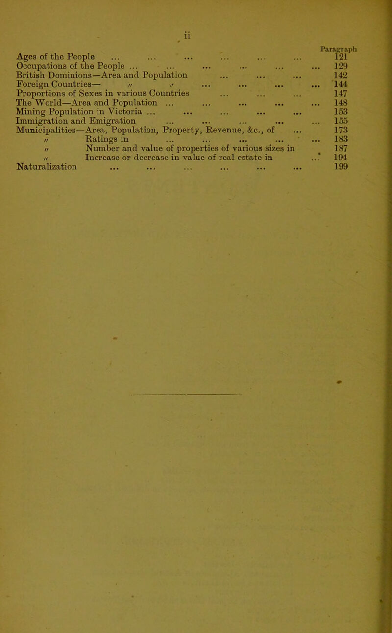 11 Paraifraph Ages of the People ... ... ... ... ... 121 Occupations of the People ... ... ... ... ... ... 129 British Dominions—Area and Population ... ... ... 142 Foreign Countries— n // ... ... ... ... 144 Proportions of Sexes in various Countries ... ... ... 147 The World—Area and Population ... ... ... ... ... 148 Mining Population in Victoria ... ... ... ... ... 153 Immigration and Emigration ... ... ... ... ... 155 Municipalities—Area, Population, Property, Revenue, &c., of ... 173 « Ratings in ... ... ... ... ... 183 « Number and value of properties of various sizes in 187 n Increase or decrease in value of real estate in ...* 194 Naturalization ... ... ... ... ... ... 199