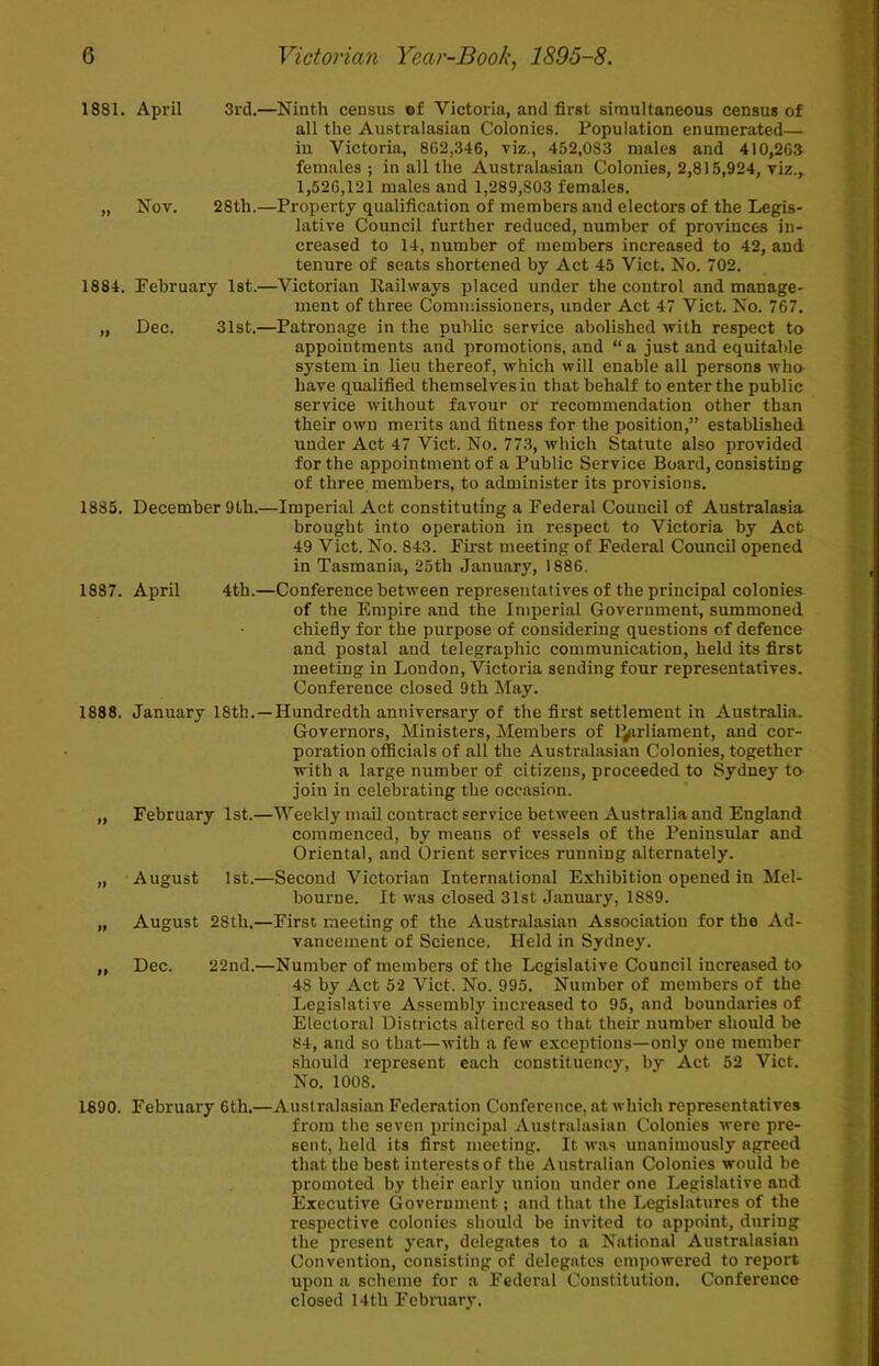 1881. April 3rd.—Ninth census of Victoria, and first simultaneous census of all the Australasian Colonies. Population enumerated— iu Victoria, 862,346, viz., 452,083 males and 410,26.3 females ; in all the Australasian Colonies, 2,815,924, viz., 1,526,121 males and 1,289,803 females. „ Nov. 28th.—Property qualification of members and electors of the Legis- lative Council further reduced, number of provinces in- creased to 14, number of members increased to 42, and tenure of seats shortened by Act 45 Viet. No. 702. 1884. February 1st.—Victorian Railways placed under the control and manage- ment of three Commissioners, under Act 47 Viet. No. 767. „ Dec. 31st.—Patronage in the public service abolished with respect to appointments and promotions, and “ a just and equitable system in lieu thereof, which will enable all persons who have qualified themselves in that behalf to enter the public service without favour or recommendation other than their own merits and fitness for the position,” established, under Act 47 Viet. No. 773, which Statute also provided for the appointment of a Public Service Board, consisting of three members, to administer its provisions. 1885. December 9th.—Imperial Act constituting a Federal Council of Australasia brought into operation in respect to Victoria by Act 49 Viet. No. 843. First meeting of Federal Council opened in Tasmania, 25th January, 1886. 1887. April 4th.—Conference between representatives of the principal colonies of the Empire and the Imperial Government, summoned chiefly for the purpose of considering questions of defence and postal and telegraphic communication, held its first meeting in London, Victoria sending four representatives. Conference closed 9th May. 1888. January 18th.—Hundredth anniversary of the first settlement in Australia. Governors, Ministers, Members of l^rliament, and cor- poration officials of all the Australasian Colonies, together with a large number of citizens, proceeded to Sydney to join in celebi’ating the occasion. „ February 1st.—Weekly mail contract service between Australia and England commenced, by means of vessels of the Peninsular and Oriental, and Orient services running alternately. „ August 1st.—Second Victorian International Exhibition opened in Mel- bourne. It was closed 31st January, 1889. „ August 28th.—First meeting of the Austr.alasian Association for the Ad- vancement of Science. Held in Sydney. „ Dec. 22nd.—Number of members of the Legislative Council increased to 48 by Act 52 Viet. No. 995. Number of members of the Legislative Assembly increased to 96, and boundaries of Electoral Districts altered so that their number should be 84, and so that—with a few exceptions—only one member should represent each constituency, by Act 52 Viet. No. 1008. 1890. February 6th.—A ustralasian Federation Conference, at which representatives from the seven principal Australasian Colonies were pre- sent, held its first meeting. It was unanimously agreed that the best interests of the Australian Colonies would be promoted by their early union under one Legislative and Executive Government; and that the Legislatures of the respective colonies should be invited to appoint, during the present year, delegates to a National Australasian Convention, consisting of delegates empowered to report upon a scheme for a Federal Constitution. Conference closed 14th February.