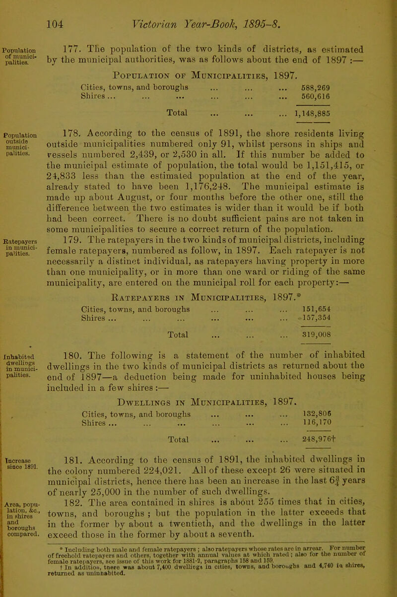 Population of munici- palities. Population outside munici- palities. Ratepayers in munici- palities. Inhabited dwelliogs in munici- palities. Increase since 1891. Area, popu- lation, &c., in shires and boroughs compared. 177. The population of the two kinds of districts, as estimated by the municipal authorities, was as follows about the end of 1897 :— Population of Municipalities, 1897. Cities, towns, and boroughs ... ... ... 688,269 Shires... ... ... ... ... ... 560,616 Total ... ... ... 1,148,885 178. According to the census of 1891, the shore residents living outside municipalities numbered only 91, whilst persons in ships and vessels numbered 2,439, or 2,530 in all. If this number be added to the municipal estimate of population, the total would be 1,151,415, or 24,833 less than the estimated population at the end of the year, already stated to have been 1,176,248. The municipal estimate is made up about August, or four months before the other one, still the difference between the two estimates is wider than it would be if both had been correct. Tliere is no doubt sufficient pains are not taken in some municipalities to secure a correct return of the population. 179. The ratepayers in the two kinds of municipal districts, including female ratepayers, numbered as follow, in 1897. Each ratepayer is not necessarily a distinct individual, as ratepayers having property in more than one municipality, or in more than one ward or riding of the same municipality, are entered on the municipal roll for each property:— Ratepayers in Municipalities, 1897.* Cities, towns, and boroughs ... ... ... 151,654 Shires ... ... ... ... ... ... • 157,354 Total ... ... ... 319,008 180. The following is a statement of the number of inhabited dwellings in the two kinds of municipal districts as returned about the end of 1897—a deduction being made for uninhabited houses being included iu a few shires :— Dwellings in Municipalities, 1897. Cities, towns, and boroughs ... ... ... 132,806 Shires... ... ... ... ... ... 116,170 Total ... ■ 248,976t 181. According to the census of 1891, the inhabited dwellings in the colony numbered 224,021. All of these except 26 were situated in municipal districts, hence there has been an increase in the last 6| years of nearly 25,000 in the number of such dwellings. 182. The area contained in shires is about 255 times that in cities, towns, and boroughs ; but the population in the latter exceeds that in the former by about a twentieth, and the dwellings in the latter exceed those in the former by about a seventh. * Including both male and female ratepayers ; also ratenayers whose rates are in arrear. For number of freehold ratepayers and others, together with annua] values at which rated; also for the nuiuoer oi female ratepayers, see issue of this work for 1881-2, paragraphs 158 and 169. _ t In addition, tuere was about 7,400 dwellings In cities, towns, and boroughs and 4,740 lo smres, returned as uninnabited.