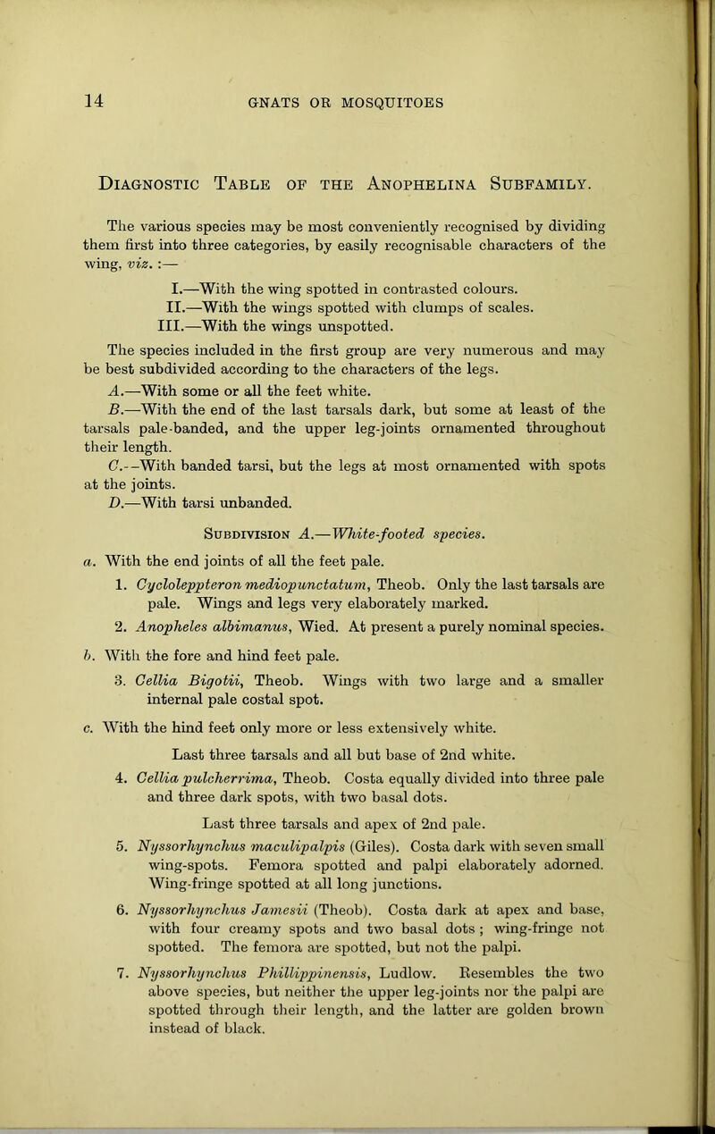 Diagnostic Table of the Anophelina Subfamily. The various species may be most conveniently recognised by dividing them first into three categories, by easily recognisable characters of the wing, viz. :— I. —With the wing spotted in contrasted colours. II. —With the wings spotted with clumps of scales. III.—With the wings unspotted. The species included in the first group are very numerous and may be best subdivided according to the characters of the legs. A. —With some or all the feet white. B. —-With the end of the last tarsals dark, but some at least of the tarsals pale-handed, and the upper leg-joints ornamented throughout their length. C. --With banded tarsi, but the legs at most ornamented with spots at the joints. Z).—With tarsi imbanded. Subdivision A.—White-footed species, a. With the end joints of all the feet pale. 1. Cycloleppteron mediopunctatum, Theoh. Only the last tarsals are pale. Wings and legs very elaborately marked. 2. Anopheles albimanus, Wied. At present a purely nominal species. h. With the fore and hind feet pale. 3. Cellia Bigotii, Theob. Wings with two large and a smaller internal pale costal spot. c. With the hind feet only more or less extensively white. Last three tarsals and all but base of 2nd white. 4. Cellia pulcherrima, Theob. Costa equally divided into three pale and three dark spots, with two basal dots. Last three tarsals and apex of 2nd pale. 5. Nyssorhynchus maculipalpis (Giles). Costa dark with seven small wing-spots. Femora spotted and palpi elaborately adorned. Wing-fringe spotted at all long junctions. 6. Nyssorhynchus Jamesii (Theob). Costa dark at apex and base, with four creamy spots and two basal dots ; wing-fringe not spotted. The femora are spotted, but not the palpi. 7. Nyssorhynchus PhilUppinensis, Ludlow. Resembles the two above species, but neither the upper leg-joints nor the palpi are spotted through their length, and the latter are golden brown instead of black.