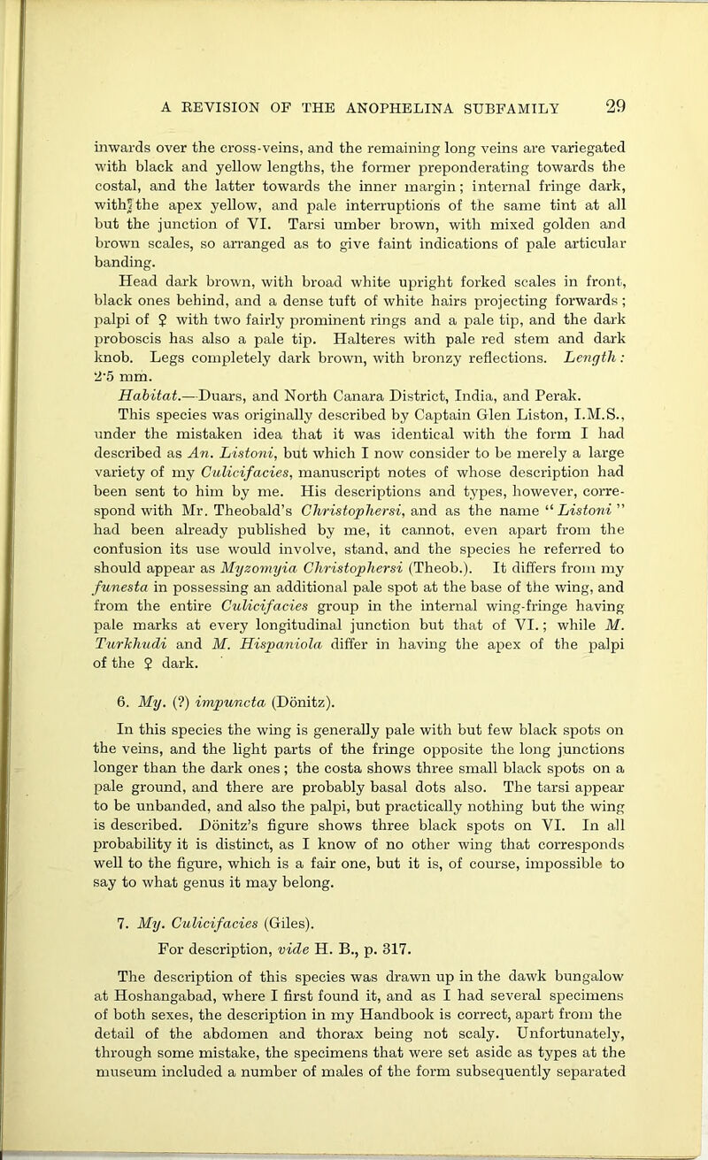 inwards over the cross-veins, and the remaining long veins are variegated with black and yellow lengths, the former preponderating towards the costal, and the latter towards the inner margin; internal fringe dark, withfthe apex yellow, and pale interruptions of the same tint at all but the junction of VI. Tarsi umber brown, with mixed golden and brown scales, so arranged as to give faint indications of pale articular banding. Head dark brown, with broad white upright forked scales in front, black ones behind, and a dense tuft of white hairs projecting forwards; palpi of J with two fairly prominent rings and a pale tip, and the dark proboscis has also a pale tip. Halteres with pale red stem and dark knob. Legs completely dark brown, with bronzy reflections. Length: 2’5 mm. Habitat.—Duars, and North Canara District, India, and Perak. This species was originally described by Captain Glen Liston, I.M.S., under the mistaken idea that it was identical with the form I had described as An. Listoni, but which I now consider to be merely a large variety of my Culicifacies, manuscript notes of whose description had been sent to him by me. His descriptions and types, however, corre- spond with Mr. Theobald’s Christophersi, and as the name '•'■Listoni” had been already published by me, it cannot, even apart from the confusion its use would involve, stand, and the species he referred to should appear as Myzomyia Christophersi (Theob.). It differs from my funesta in possessing an additional pale spot at the base of the wing, and from the entire Culicifacies group in the internal wing-fringe having pale marks at every longitudinal junction but that of VI.; while M. Turhhudi and M. Hispaniola differ in having the apex of the palpi of the 5 dark. 6. My. (?) impuncta (Dbnitz). In this species the wing is generally pale with but few black spots on the veins, and the light parts of the fringe opposite the long junctions longer than the dark ones; the costa shows three small black spots on a pale ground, and there are probably basal dots also. The tarsi appear to be unbanded, and also the palpi, but practically nothing but the wing is described. Dbnitz’s figure shows three black spots on VI. In all probability it is distinct, as I know of no other wing that corresponds well to the figure, which is a fair one, but it is, of course, impossible to say to what genus it may belong. 7. Mtj. Culicifacies (Giles). For description, vide H. B., p. 317. The description of this species was drawn up in the dawk bungalow at Hoshangabad, where I first found it, and as I had several specimens of both sexes, the description in my Handbook is correct, apart from the detail of the abdomen and thorax being not scaly. Unfortunately, through some mistake, the specimens that were set aside as types at the museum included a number of males of the form subsequently separated