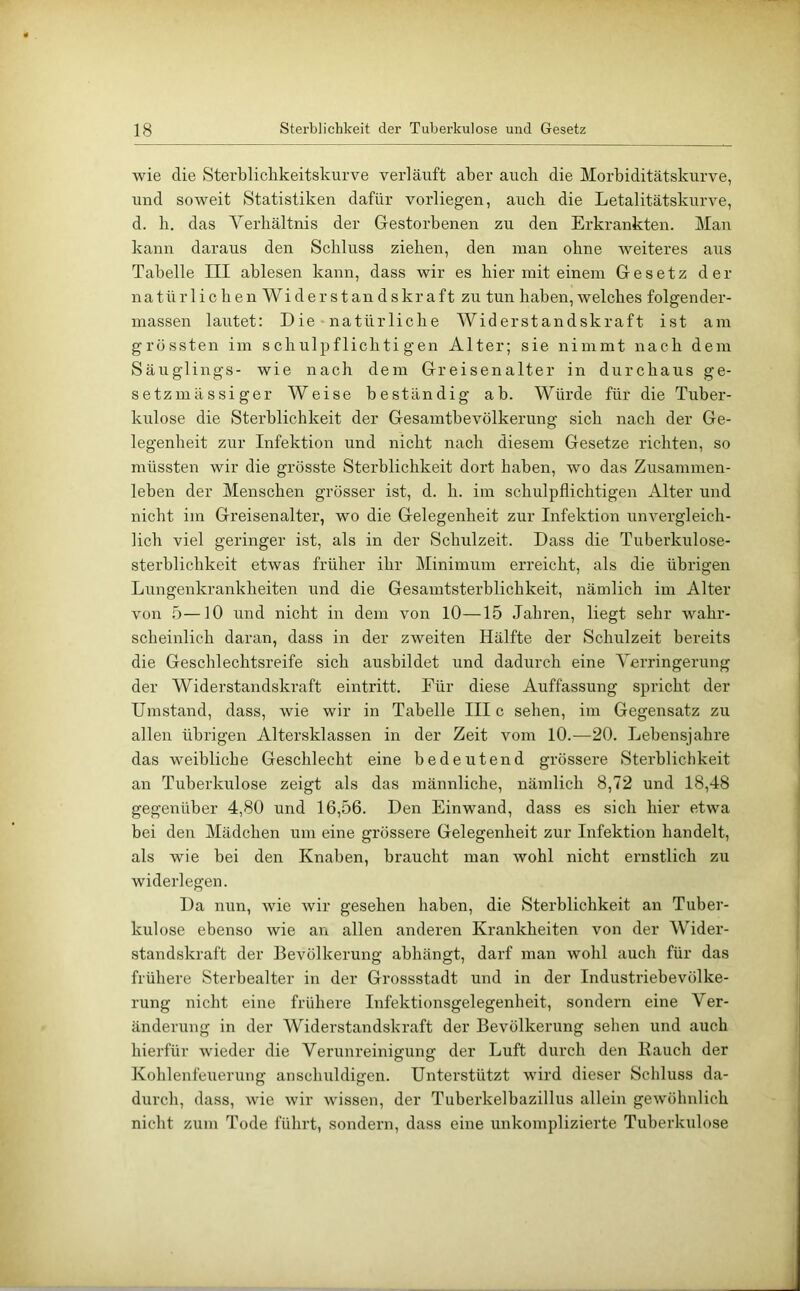 wie die Sterbliclikeitskurve verläuft aber auch die Morbiditätskurve, und soweit Statistiken dafür vorliegen, auch die Letalitätskurve, d. b. das Verhältnis der Grestorbenen zu den Erkrankten. Mail kann daraus den Schluss ziehen, den man ohne weiteres aus Tabelle III ablesen kann, dass wir es hier mit einem Gesetz der natürlichen Widerstandskraft zu tun haben,welches folgender- massen lautet: Die natürliche Widerstandskraft ist am grössten im schulpflichtigen Alter; sie nimmt nach dem Säuglings- wie nach dem Greisenalter in durchaus ge- setzmässiger Weise beständig ab. Würde für die Tuber- kulose die Sterblichkeit der Gesamtbevölkerung sieb nach der Ge- legenheit zur Infektion und nicht nach diesem Gesetze richten, so müssten wir die grösste Sterblichkeit dort haben, wo das Zusammen- leben der Menschen grösser ist, d. h. im schulpflichtigen Alter und nicht im Greisenalter, wo die Gelegenheit zur Infektion unvergleich- lich viel geringer ist, als in der Schulzeit. Dass die Tuberkulose- sterblichkeit etwas früher ihr Llinimum erreicht, als die übrigen Lungenkrankheiten und die Gesamtsterblichkeit, nämlich im Alter von 5—10 und nicht in dem von 10—15 Jahren, liegt sehr wahr- scheinlich daran, dass in der zweiten Hälfte der Schulzeit bereits die Geschlechtsreife sich ausbildet und dadurch eine Verringerung der Widerstandskraft eintritt. Für diese Auffassung spricht der Umstand, dass, wie wir in Tabelle III c sehen, im Gegensatz zu allen übrigen Altersklassen in der Zeit vom 10.—20. Lebensjahre das weibliche Geschlecht eine bedeutend grössere Sterblichkeit an Tuberkulose zeigt als das männliche, nämlich 8,72 und 18,48 gegenüber 4,80 und 16,56. Den Einwand, dass es sich hier etwa bei den Mädchen um eine grössere Gelegenheit zur Infektion handelt, als wie bei den Knaben, braucht man wohl nicht ernstlich zu widerlegen. Da nun, wie wir gesehen haben, die Sterblichkeit an Tuber- kulose ebenso wie an allen anderen Krankheiten von der Wider- standskraft der Bevölkerung abhängt, darf man wohl auch für das frühere Sterbealter in der Gressstadt und in der Industriebevölke- rung nicht eine frühere Infektionsgelegenheit, sondern eine Ver- änderung in der Widerstandskraft der Bevölkeimng sehen und auch hierfür wieder die Verunreinigung der Luft durch den Bauch der Kohlenfeuerung anschuldigen. Unterstützt wird dieser Schluss da- durch, dass, wie wir wissen, der Tuberkelbazillus allein gewöhnlich nicht zum Tode führt, sondern, dass eine unkomplizierte Tuberkulose