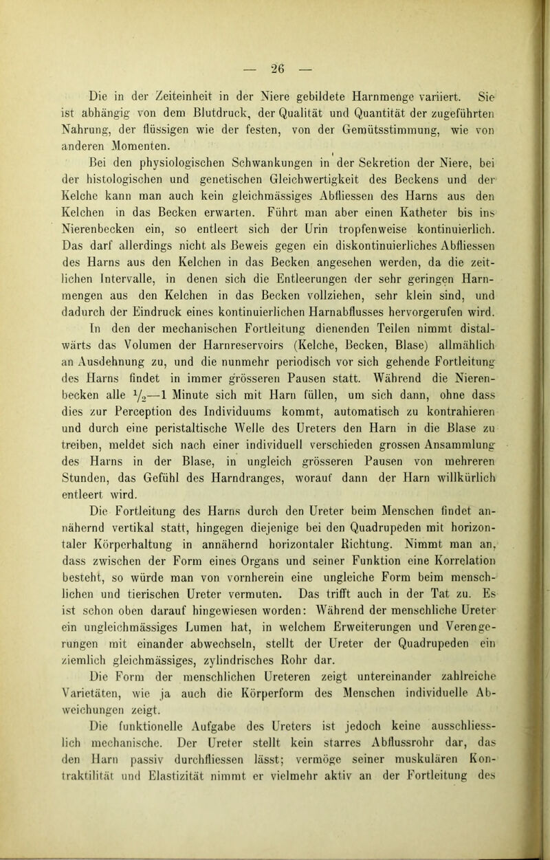 Die in der Zeiteinheit in der Niere gebildete Harnmenge variiert. Sie ist abhängig von dem Blutdruck, der Qualität und Quantität der zugeführten Nahrung, der flüssigen wie der festen, von der Gemütsstimmung, wie von anderen Momenten. \ Bei den physiologischen Schwankungen in der Sekretion der Niere, bei der histologischen und genetischen Gleichwertigkeit des Beckens und der Kelche kann man auch kein gleichmässiges Abfliessen des Harns aus den Kelchen in das Becken erwarten. Führt man aber einen Katheter bis ins Nierenbecken ein, so entleert sich der Urin tropfenweise kontinuierlich. Das darf allerdings nicht als Beweis gegen ein diskontinuierliches Abfliessen des Harns aus den Kelchen in das Becken angesehen werden, da die zeit- lichen Intervalle, in denen sich die Entleerungen der sehr geringen Harn- mengen aus den Kelchen in das Becken vollziehen, sehr klein sind, und dadurch der Eindruck eines kontinuierlichen Harnabflusses hervorgerufen wird. In den der mechanischen Fortleitung dienenden Teilen nimmt distal- wärts das Volumen der Harnreservoirs (Kelche, Becken, Blase) allmählich an Ausdehnung zu, und die nunmehr periodisch vor sich gehende Fortleitung des Harns findet in immer grösseren Pausen statt. Während die Nieren- becken alle y,—1 Minute sich mit Harn füllen, um sich dann, ohne dass dies zur Perception des Individuums kommt, automatisch zu kontrahieren und durch eine peristaltische Welle des Ureters den Harn in die Blase zu treiben, meldet sich nach einer individuell verschieden grossen Ansammlung des Harns in der Blase, in ungleich grösseren Pausen von mehreren Stunden, das Gefühl des Harndranges, worauf dann der Harn willkürlich entleert wird. Die Fortleitung des Harns durch den Ureter beim Menschen findet an- nähernd vertikal statt, hingegen diejenige bei den Quadrupeden mit horizon- taler Körperhaltung in annähernd horizontaler Richtung. Nimmt man an, dass zwischen der Form eines Organs und seiner Funktion eine Korrelation besteht, so würde man von vornherein eine ungleiche Form beim mensch- lichen und tierischen Ureter vermuten. Das trifft auch in der Tat zu. Es ist schon oben darauf hingewiesen worden: Während der menschliche Ureter ein ungleichmässiges Lumen hat, in welchem Erweiterungen und Verenge- rungen mit einander abwechseln, stellt der Ureter der Quadrupeden ein ziemlich gleichmässiges, zylindrisches Rohr dar. Die Form der menschlichen Ureteren zeigt untereinander zahlreiche Varietäten, wie ja auch die Körperform des Menschen individuelle Ab- weichungen zeigt. Die funktionelle Aufgabe des Ureters ist jedoch keine ausschliess- lich mechanische. Der Ureter stellt kein starres xVbflussrohr dar, das den Harn passiv durchfliessen lässt; vermöge seiner muskulären Kon- traktilität und Elastizität nimmt er vielmehr aktiv an der Fortleitung des