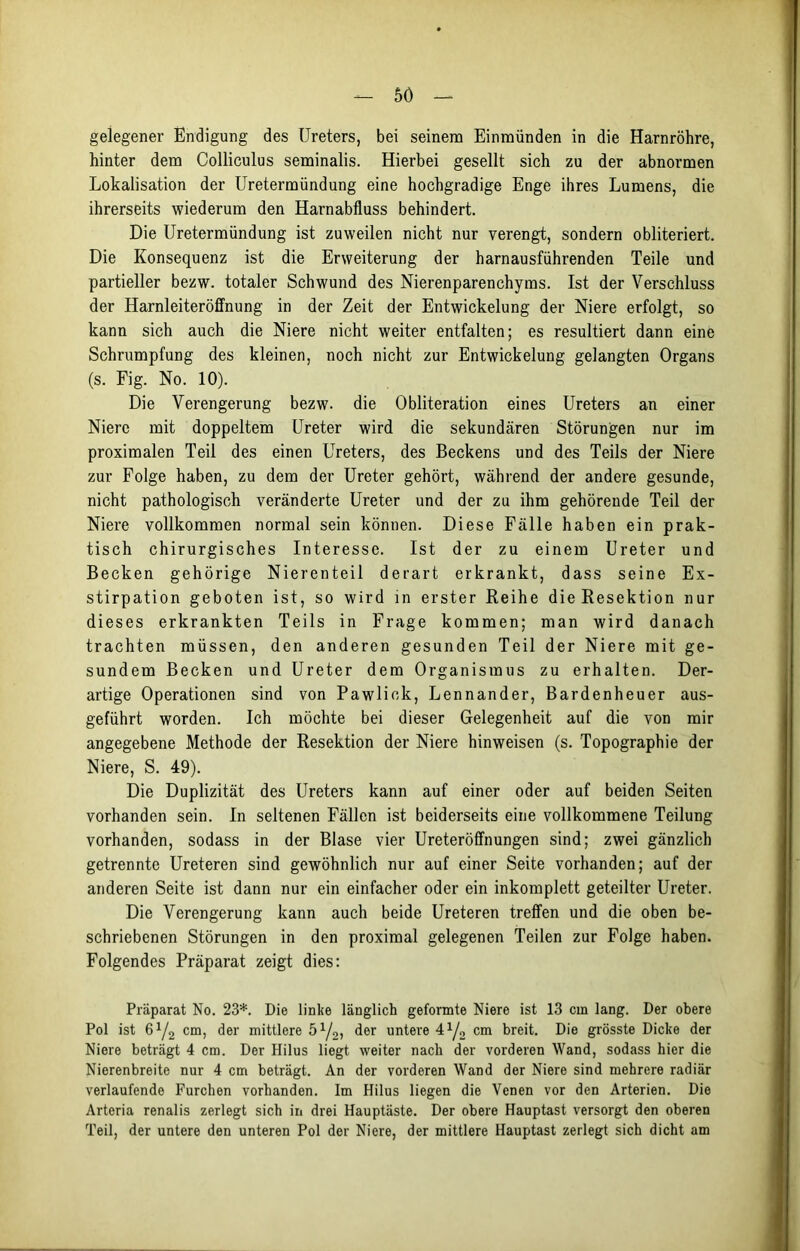 gelegener Endigung des Ureters, bei seinem Einmünden in die Harnröhre, hinter dem Colliculus seminalis. Hierbei gesellt sich zu der abnormen Lokalisation der Uretermündung eine hochgradige Enge ihres Lumens, die ihrerseits wiederum den Harnabfluss behindert. Die Uretermündung ist zuweilen nicht nur verengt, sondern obliteriert. Die Konsequenz ist die Erweiterung der harnausführenden Teile und partieller bezw. totaler Schwund des Nierenparenchyms. Ist der Verschluss der Harnleiteröffnung in der Zeit der Entwickelung der Niere erfolgt, so kann sich auch die Niere nicht weiter entfalten; es resultiert dann eine Schrumpfung des kleinen, noch nicht zur Entwickelung gelangten Organs (s. Fig. No. 10). Die Verengerung bezw. die Obliteration eines Ureters an einer Niere mit doppeltem Ureter wird die sekundären Störungen nur im proximalen Teil des einen Ureters, des Beckens und des Teils der Niere zur Folge haben, zu dem der Ureter gehört, während der andere gesunde, nicht pathologisch veränderte Ureter und der zu ihm gehörende Teil der Niere vollkommen normal sein können. Diese Fälle haben ein prak- tisch chirurgisches Interesse. Ist der zu einem Ureter und Becken gehörige Nierenteil derart erkrankt, dass seine Ex- stirpation geboten ist, so wird in erster Reihe die Resektion nur dieses erkrankten Teils in Frage kommen; man wird danach trachten müssen, den anderen gesunden Teil der Niere mit ge- sundem Becken und Ureter dem Organismus zu erhalten. Der- artige Operationen sind von Pawlick, Lennander, Bardenheuer aus- geführt worden. Ich möchte bei dieser Gelegenheit auf die von mir angegebene Methode der Resektion der Niere hinweisen (s. Topographie der Niere, S. 49). Die Duplizität des Ureters kann auf einer oder auf beiden Seiten vorhanden sein. In seltenen Fällen ist beiderseits eine vollkommene Teilung vorhanden, sodass in der Blase vier Ureteröffnungen sind; zwei gänzlich getrennte Ureteren sind gewöhnlich nur auf einer Seite vorhanden; auf der anderen Seite ist dann nur ein einfacher oder ein inkomplett geteilter Ureter. Die Verengerung kann auch beide Ureteren treffen und die oben be- schriebenen Störungen in den proximal gelegenen Teilen zur Folge haben. Folgendes Präparat zeigt dies: Präparat No. 23*. Die linke länglich geformte Niere ist 13 cm lang. Der obere Pol ist 6y2 cm, der mittlere ö1/,» der untere 41/,, cm breit. Die grösste Dicke der Niere beträgt 4 cm. Der Hilus liegt weiter nach der vorderen Wand, sodass hier die Nierenbreite nur 4 cm beträgt. An der vorderen Wand der Niere sind mehrere radiär verlaufende Furchen vorhanden. Im Hilus liegen die Venen vor den Arterien. Die Arteria renalis zerlegt sich in drei Hauptäste. Der obere Hauptast versorgt den oberen Teil, der untere den unteren Pol der Niere, der mittlere Hauptast zerlegt sich dicht am