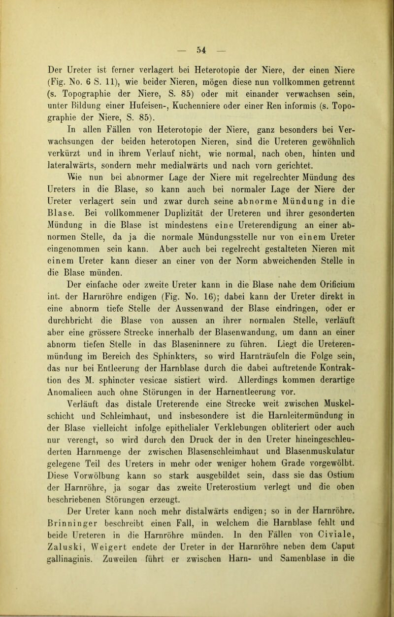 Der Ureter ist ferner verlagert bei Heterotopie der Niere, der einen Niere (Fig. No. 6 S. 11), wie beider Nieren, mögen diese nun vollkommen getrennt (s. Topographie der Niere, S. 85) oder mit einander verwachsen sein, unter Bildung einer Hufeisen-, Kuchenniere oder einer Ren informis (s. Topo- graphie der Niere, S. 85). In allen Fällen von Heterotopie der Niere, ganz besonders bei Ver- wachsungen der beiden heterotopen Nieren, sind die Ureteren gewöhnlich verkürzt und in ihrem Verlauf nicht, wie normal, nach oben, hinten und lateralwärts, sondern mehr medialwärts und nach vorn gerichtet. Wie nun bei abnormer Lage der Niere mit regelrechter Mündung des Ureters in die Blase, so kann auch bei normaler Lage der Niere der Ureter verlagert sein und zwar durch seine abnorme Mündung in die Blase. Bei vollkommener Duplizität der Ureteren und ihrer gesonderten Mündung in die Blase ist mindestens eine Ureterendigung an einer ab- normen Stelle, da ja die normale Mündungsstelle nur von einem Ureter eingenommen sein kann. Aber auch bei regelrecht gestalteten Nieren mit einem Ureter kann dieser an einer von der Norm abweichenden Stelle in die Blase münden. Der einfache oder zweite Ureter kann in die Blase nahe dem Orificium int. der Harnröhre endigen (Fig. No. 16); dabei kann der Ureter direkt in eine abnorm tiefe Stelle der Aussenwand der Blase eindringen, oder er durchbricht die Blase von aussen an ihrer normalen Stelle, verläuft aber eine grössere Strecke innerhalb der Blasenwandung, um dann an einer abnorm tiefen Stelle in das Blaseninnere zu führen. Liegt die Ureteren- mündung im Bereich des Sphinkters, so wird Harnträufeln die Folge sein, das nur bei Entleerung der Harnblase durch die dabei auftretende Kontrak- tion des M. sphincter vesicae sistiert wird. Allerdings kommen derartige Anomalieen auch ohne Störungen in der Harnentleerung vor. Verläuft das distale Ureterende eine Strecke weit zwischen Muskel- schicht und Schleimhaut, und insbesondere ist die Harnleitermündung in der Blase vielleicht infolge epithelialer Verklebungen obliteriert oder auch nur verengt, so wird durch den Druck der in den Ureter hineingeschleu- derten Harnraenge der zwischen Blasenschleirahaut und Blasenmuskulatur gelegene Teil des Ureters in mehr oder weniger hohem Grade vorgewölbt. Diese Vorwölbung kann so stark ausgebildet sein, dass sie das Ostium der Harnröhre, ja sogar das zweite Ureterostium verlegt und die oben beschriebenen Störungen erzeugt. Der Ureter kann noch mehr distalwärts endigen; so in der Harnröhre. Brinninger beschreibt einen Fall, in welchem die Harnblase fehlt und beide Ureteren in die Harnröhre münden, ln den Fällen von Civiale, Zaluski, Weigert endete der Ureter in der Harnröhre neben dem Caput gallinaginis. Zuweilen führt er zwischen Harn- und Saraenblase in die