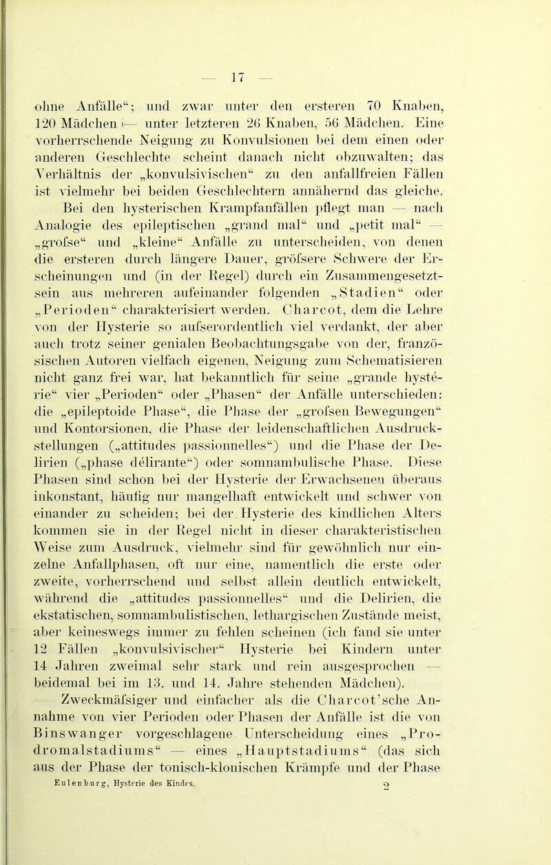 ohne Anfälle“; und zwar nntev den ersteren 70 Knaden, 120 Mädclien i— nnter letzteren 26 Knallen, 56 Mädclien. Eine vorherrschende Neigung’ zu Konvulsionen hei dem einen oder anderen Geschlechte scheint danach nicht ohznwalten; das Verhältnis der „konvulsivischen“ zn den aufallfreien Fällen ist vielmehr bei beiden CTeschlechtern annähernd das gleiche. Bei den hysterischen Krampfanfällen pflegt man — nach Analogie des epilejdischeu „grand mal“ und „])etit mal“ — „grofse“ und „kleine“ Anfälle zn unterscheiden, von denen die ersteren durch längere Dauer, gröfsere Schwere der Ki- scheinnngen und (in der Kegel) durch ein Znsammeugesetzt- sein aus mehreren anfeinander folgenden „Stadien“ oder „Perioden“ charakterisiert werden. Charcot, dem die Lehre von dei’ Hysterie so anfserordeutlich viel verdankt, der aber auch trotz seiner genialen Beohachtungsgahe von der, franzö- sischen Autoren vielfach eigenen, Neigung zum Schematisieren nicht ganz frei war, hat hekanutlich für seine „graude hyste- rie“ vier „Perioden“ oder „Phasen“ der Anfälle nnterschieden: die „ejnleptoide Phase“, die Phase der „grofsen Bewegungen“ und Kontorsionen, die Phase der leideuschaftliclien Ausdruck- stellungen („attitndes jrassionnelles“) und ilie Phase der De- lirien („phase delirante“) oder somnamhnlische Phase. Diese Phasen sind schon hei der Hysterie der Erwachsenen idjeraus inkonstant, liäntig nur mangelhaft entwickelt und scliwer von einander zu scheiden; hei der Hysterie des kindlichen Alters kommen sie in der Regel nicht in dieser charakteristischen Weise zum Ausdruck, vielmehr sind für gewöhnlich nur ein- zelne Anfallphasen, oft nur eine, namentlich die erste oder zweite, vorherrschend und seihst allein deutlich entwickelt, während die „attitndes passioiiiielles“ und die Delirien, die ekstatischen, somnamhnlistischen, lethargischen Zustände meist, aber keineswegs immer zn fehlen scheinen (ich faiul sie unter 12 Fällen „konvulsivischer“ Hysterie hei Kindern unter 14 Jahren zweimal sehr stark und rein ausgesprochen — heidemal hei im 13. und 14. Jahre stehenden Mädclien). Zweckmäfsiger und einfacher als die Charcot’sche An- nahme von vier Perioden oder Phasen der Anfälle ist die von Binswauger vorgeschlageiie Unterscheidung eines „Pro- dromalstadiums“ — eines „Hanptstadiums“ (das sicli aus der Phase der tonisch-klouischen Krämpfe und der Phase Eulenburg, Hysterie des Kindes. o