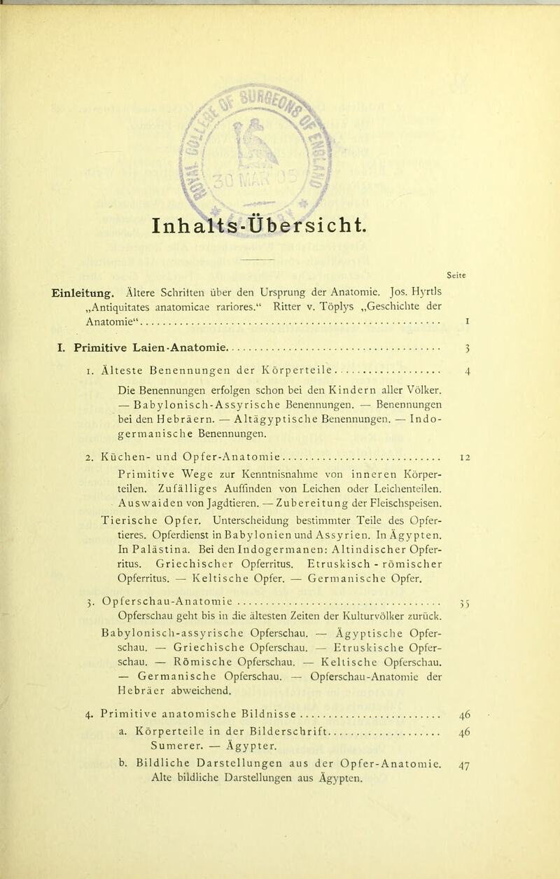 \ \ '■ 'f Inhalts-Üb er sicht. Seite Einleitung. Ältere Schriiten über den Ursprung der Anatomie. Jos. Hyrtls „Antiquitates anatomicae rariores.“ Ritter v. Töplys „Geschichte der Anatomie“ i I. Primitive Laien-Anatomie 3 1. Älteste Benennungen der Körperteile 4 Die Benennungen erfolgen schon bei den Kindern aller Völker. — Babylonisch-Assyrische Benennungen. — Benennungen bei den Hebräern. — Altägyptische Benennungen. — Indo- germanische Benennungen. 2. Küchen- und Opfer-Anatomie 12 Primitive Wege zur Kenntnisnahme von inneren Körper- teilen. Zufälliges Auffinden von Leichen oder Leichenteilen. Auswaiden von Jagdtieren. — Zubereitung der Fleischspeisen. Tierische Opfer. Unterscheidung bestimmter Teile des Opfer- tieres. Opferdienst in Babylonien und Assyrien. In Ägypten. In Palästina. Bei den Indogermanen: Altindischer Opfer- ritus. Griechischer Opferritus. Etruskisch - römischer Opferritus. — Keltische Opfer. — Germanische Opfer. 3. Opferschau-Anatomie Opferschau geht bis in die ältesten Zeiten der Kulturvölker zurück. Babylonisch-assyrische Opferschau. — Ägyptische Opfer- schau. — Griechische Opferschau. — Etruskische Opfer- schau. — Römische Opferschau. — Keltische Opferschau. — Germanische Opferschau. — Opferschau-Anatomie der Hebräer abweichend. 4. Primitive anatomische Bildnisse 46 a. Körperteile in der Bilderschrift 46 Sumerer. — Ägypter. b. Bildliche Darstellungen aus der Opfer-Anatomie. 47 Alte bildliche Darstellungen aus Ägypten.