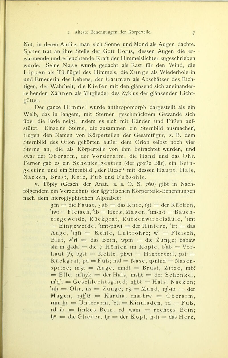 Nut, in deren Antlitz man sich Sonne und Mond als Augen dachte. Später trat an ihre Stelle der Gott Horus, dessen Augen die er- wärmende und erleuchtende Kraft der Himmelslichter zugeschrieben wurde. Seine Nase wurde gedacht als Rast für den Wind, die Lippen als Türflügel des Himmels, die Zunge als Wiederholerin und Erneuerin des Lebens, der Gaumen als Abschätzer des Rich- tigen, der Wahrheit, die Kiefer mit den glänzend sich aneinander- reihenden Zähnen als Mitglieder des Zyklus der glänzenden Licht- götter. Der ganze Himmel wurde anthropomorph dargestellt als ein Weib, das in langem, mit Sternen geschmücktem Gewände sich über die Erde neigt, indem es sich mit Händen und Füßen auf- stützt. Einzelne Sterne, die zusammen ein Sternbild ausmachen, trugen den Namen von Körperteilen der Gesamtfigur, z. B. dem Sternbild des Orion gehörten außer dem Orion selbst noch vier Sterne an, die als Körperteile von ihm betrachtet wurden, und zwar der Oberarm, der Vorderarm, die Hand und das Ohr. Ferner gab es ein Schenkelgestirn (der große Bär), ein Bein- gestirn und ein Sternbild „der Riese“ mit dessen Haupt, Hals, Nacken, Brust, Knie, Fuß und Fußsohle. v. Töply (Gesch. der Anat., a. a. O. S. 760) gibt in Nach- folgendem ein Verzeichnis der ägyptischen Körperteiie-Benennungen nach dem hieroglyphischen Alphabet: 3 m = die Faust, 3 gb — das Knie, (3t = der Rücken, ’iwf =Fleisch,Tb = Herz,Magen, Tm-h-t = Bauch- eingeweide, Rückgrat, Rückenwirbelsäule, Jimt = Eingeweide, Jimt-phwi = der Hintere, ’irt = das Auge, ’iht'i = Kehle, Luftröhre; W — Fleisch, Blut, w‘rf = das Bein, wpm = die Zunge; babaw shf m dada == die 7 Höhlen im Kopfe, b'ab = Vor- haut (?), bgst = Kehle, phwi = Hinterteil, pst = Rückgrat, pd = Fuß; fnd = Nase, tpnfnd = Nasen- spitze; m3t = Auge, mndt = Brust, Zitze, mbf = Elle, rnhyk = der Hals, msht = der Schenkel, rnd’i = Geschlechtsglied; nhbt = Hals, Nacken; cnh = Ohr, ns = Zunge; r3 = Mund, r3’-ib = der Magen, r3hctl = Kardia, rma-hrw = Oberarm, rmn hr = Unterarm, crti = Kinnladen, rd =Fuß, rd-ib = linkes Bein, rd warn — rechtes Bein; h° = die Glieder, hr = der Kopf, h-ti = das Herz,