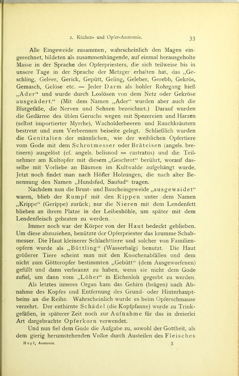 Alle Eingeweide zusammen, wahrscheinlich den Magen ein- gerechnet, bildeten als zusammenhängende, auf einmal herausgeholte Masse in der Sprache des Opferpriesters, die sich teilweise bis in unsere Tage in der Sprache der Metzger erhalten hat, das „Ge- schling, Geleer, Gerick, Gepütt, Geling, Geleber, Gerebb, Gekrös, Gemasch, Gelöse etc. — Jeder Darm als hohler Rohrgang hieß „Ader“ und wurde durch Loslösen von dem Netz oder Gekröse ausgeädert.“ (Mit dem Namen „Ader“ wurden aber auch die Blutgefäße, die Nerven und Sehnen bezeichnet.) Darauf wurden die Gedärme des üblen Geruchs wegen mit Spezereien und Harzen (selbst importierter Myrrhe), Wacholderbeeren und Rauchkräutern bestreut und zum Verbrennen beiseite gelegt. Schließlich wurden die Genitalien der männlichen, wie der weiblichen Opfertiere vom Gode mit dem Schrotmesser oder Bräteisen (angels. bre- tisern) ausgelöst (cf. angels. belisnod = castratus) und die Teil- nehmer am Kultopfer mit diesem „Geschrot“ berührt, worauf das- selbe mit Vorliebe an Bäumen im Kultwalde aufgehängt wurde. Jetzt noch findet man nach Höfler Holzungen, die nach alter Be- nennung den Namen „Hundsfud, Saufud“ tragen. Nachdem nun die Brust- und Baucheingeweide „ausgewaidet“ waren, blieb der Rumpf mit den Rippen unter dem Namen „Krippe“ (Gerippe) zurück; nur die Nieren mit dem Lendenfett blieben an ihrem Platze in der Leibeshöhle, um später mit dem Lendenfleisch gebraten zu werden. Immer noch war der Körper von der Haut bedeckt geblieben. Um diese abzuziehen, benützte der Opferpriester das krumme Schab- messer. Die Haut kleinerer Schlachttiere und solcher von Lamilien- opfern wurde als „Büttling“ (Wasserbalg) benutzt. Die Haut größerer Tiere scheint man mit den Knochenabfällen und dem nicht zum Götteropfer bestimmten „Gebütt“ (dem Ausgeworfenen) gefüllt und dann verbrannt zu haben, wenn sie nicht dem Gode zufiel, um dann vom „Löher“ in Eichenloh gegerbt zu werden. Als letztes inneres Organ kam das Gehirn (brägen) nach Ab- nahme des Kopfes und Entfernung des Grund- oder Hinterhaupt- beins an die Reihe. Wahrscheinlich wurde es beim Opferschmause verzehrt. Der enthirnte Schädel (die Kopfpfanne) wurde zu Trink- gefäßen, in späterer Zeit noch zur Aufnahme für das in dreierlei Art dargebrachte Opferkorn verwendet. Und nun fiel dem Gode die Aufgabe zu, sowohl der Gottheit, als dem gierig herumstehenden Volke durch Austeilen des Lleisches Hopf, Anatomie. 3