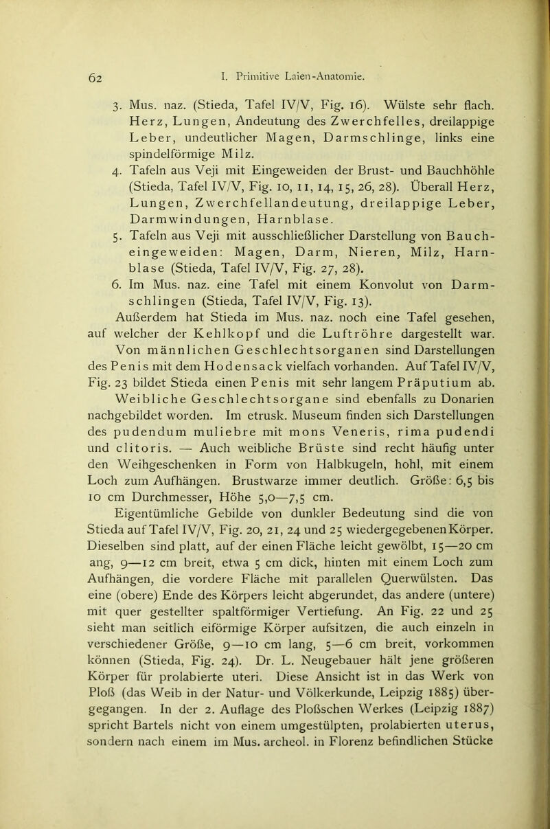 3. Mus. naz. (Stieda, Tafel IV/V, Fig. 16). Wülste sehr flach. Herz, Lungen, Andeutung des Zwerchfelles, dreilappige Leber, undeutlicher Magen, Darm schlinge, links eine spindelförmige Milz. 4. Tafeln aus Veji mit Eingeweiden der Brust- und Bauchhöhle (Stieda, Tafel IV/V, Fig. 10, 11, 14, 15, 26, 28). Überall Herz, Lungen, Zwerchfellandeutung, dreilappige Leber, Darmwindungen, Harnblase. 5. Tafeln aus Veji mit ausschließlicher Darstellung von Bauch- eingeweiden: Magen, Darm, Nieren, Milz, Harn- blase (Stieda, Tafel IV/V, Fig. 27, 28). 6. Im Mus. naz. eine Tafel mit einem Konvolut von Darm- schlingen (Stieda, Tafel IV/V, Fig. 13). Außerdem hat Stieda im Mus. naz. noch eine Tafel gesehen, auf welcher der Kehlkopf und die Luftröhre dargestellt war. Von männlichen Geschlechtsorganen sind Darstellungen des Penis mit dem Hodensack vielfach vorhanden. Auf Tafel IV/V, Fig. 23 bildet Stieda einen Penis mit sehr langem Präputium ab. Weibliche Geschlechtsorgane sind ebenfalls zu Donarien nachgebildet worden. Im etrusk. Museum finden sich Darstellungen des pudendum muliebre mit mons Veneris, rima pudendi und clitoris. — Auch weibliche Brüste sind recht häufig unter den Weihgeschenken in Form von Halbkugeln, hohl, mit einem Loch zum Aufhängen. Brustwarze immer deutlich. Größe: 6,5 bis 10 cm Durchmesser, Höhe 5,0—7,5 cm. Eigentümliche Gebilde von dunkler Bedeutung sind die von Stieda auf Tafel IV/V, Fig. 20, 21, 24 und 25 wiedergegebenen Körper. Dieselben sind platt, auf der einen Fläche leicht gewölbt, 15—20 cm ang, 9—12 cm breit, etwa 5 cm dick, hinten mit einem Loch zum Aufhängen, die vordere Fläche mit parallelen Querwülsten. Das eine (obere) Ende des Körpers leicht abgerundet, das andere (untere) mit quer gestellter spaltförmiger Vertiefung. An Fig. 22 und 25 sieht man seitlich eiförmige Körper aufsitzen, die auch einzeln in verschiedener Größe, 9 — 10 cm lang, 5—6 cm breit, Vorkommen können (Stieda, Fig. 24). Dr. L. Neugebauer hält jene größeren Körper für prolabierte Uteri. Diese Ansicht ist in das Werk von Ploß (das Weib in der Natur- und Völkerkunde, Leipzig 1885) über- gegangen. In der 2. Auflage des Ploßschen Werkes (Leipzig 1887) spricht Bartels nicht von einem umgestülpten, prolabierten Uterus, sondern nach einem im Mus. archeol. in Florenz befindlichen Stücke