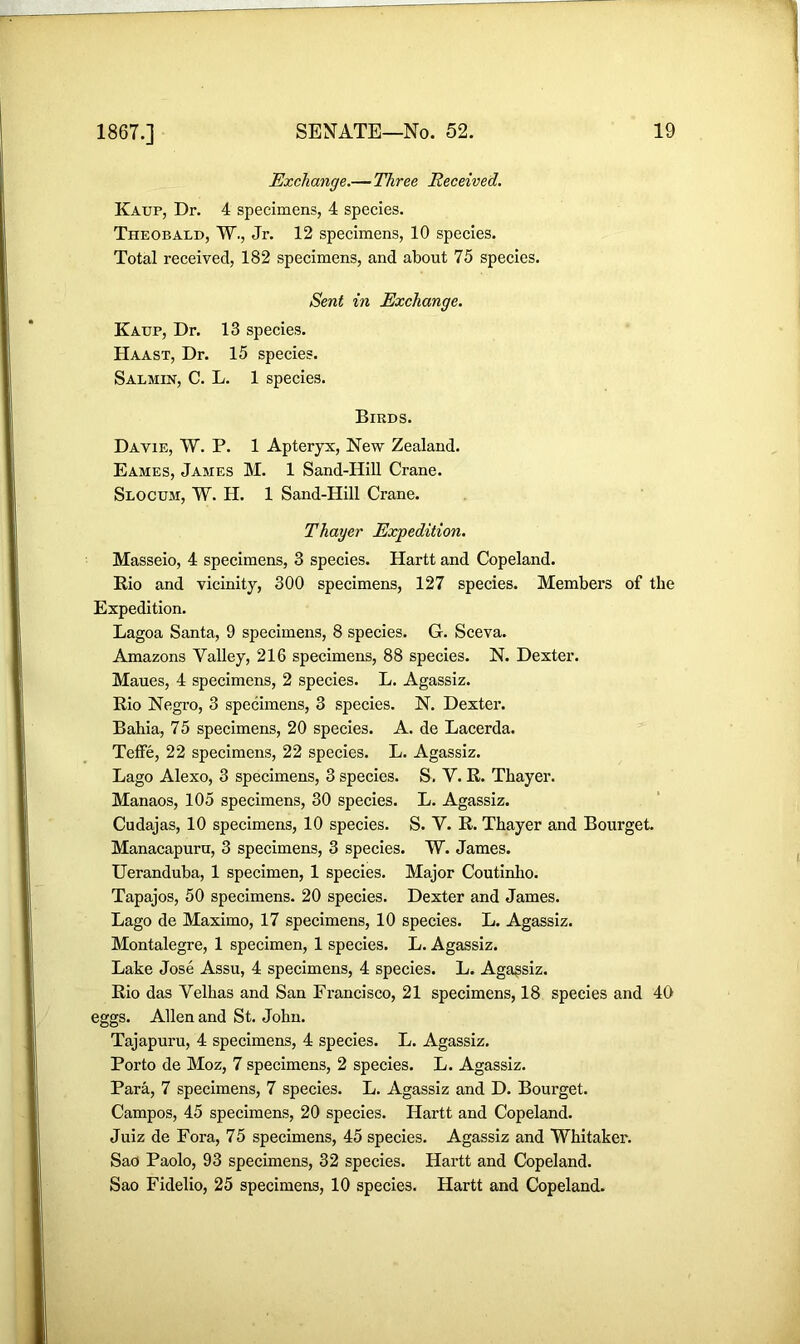 Exchange.—Three Received. Kaup, Dr. 4 specimens, 4 species. Theobald, W., Jr. 12 specimens, 10 species. Total received, 182 specimens, and about 75 species. Sent in Exchange. Kaup, Dr. 13 species. Haast, Dr. 15 species. Salmin, C. L. 1 species. Birds. Davie, W. P. 1 Apteryx, New Zealand. Eames, James M. 1 Sand-Hill Crane. Slocum, W. H. 1 Sand-Hill Crane. Thayer Expedition. Masseio, 4 specimens, 3 species. Hartt and Copeland. Rio and vicinity, 300 specimens, 127 species. Members of tbe Expedition. Lagoa Santa, 9 specimens, 8 species. G. Sceva. Amazons Yalley, 216 specimens, 88 species. N. Dexter. Maues, 4 specimens, 2 species. L. Agassiz. Rio Negro, 3 specimens, 3 species. N. Dexter. Bahia, 75 specimens, 20 species. A. de Lacerda. Teffe, 22 specimens, 22 species. L. Agassiz. Lago Alexo, 3 specimens, 3 species. S. Y. R. Thayer. Manaos, 105 specimens, 30 species. L. Agassiz. Cudajas, 10 specimens, 10 species. S. V. R. Thayer and Bourget. Manacapurn, 3 specimens, 3 species. TV. James. Ueranduba, 1 specimen, 1 species. Major Coutinho. Tapajos, 50 specimens. 20 species. Dexter and James. Lago de Maximo, 17 specimens, 10 species. L. Agassiz. Montalegre, 1 specimen, 1 species. L. Agassiz. Lake Jose Assu, 4 specimens, 4 species. L. Agassiz. Rio das Yelhas and San Francisco, 21 specimens, 18 species and 40 eggs. Allen and St. John. Tajapuru, 4 specimens, 4 species. L. Agassiz. Porto de Moz, 7 specimens, 2 species. L. Agassiz. Para, 7 specimens, 7 species. L. Agassiz and D. Bourget. Campos, 45 specimens, 20 species. Hartt and Copeland. Juiz de Fora, 75 specimens, 45 species. Agassiz and Whitaker. Sao Paolo, 93 specimens, 32 species. Hartt and Copeland. Sao Fidelio, 25 specimens, 10 species. Hartt and Copeland.