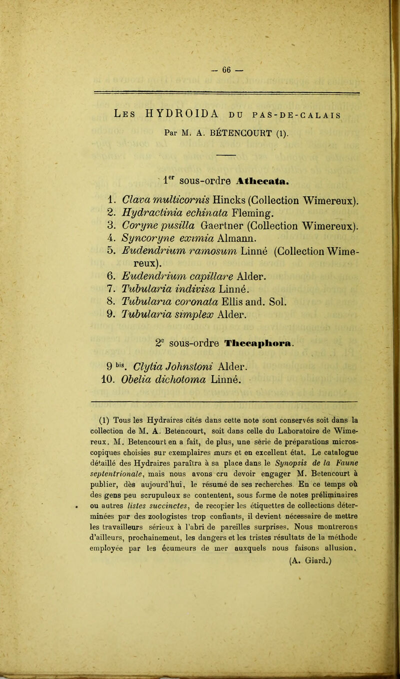 Les HYDROIDA du pas-de-calais Par M. A. BÉTENGOURT (1). 1®' sous-ordre Athecata. 1. Clava multicornis Hincks (Collection Wimereux). 2. Hydractinia echinata Fleming. 3. Coryne pusilla Gaertner (Collection Wimereux). 4. Syncoryne eximia Almann. 5. Eudendrium ramosum Linné (Collection Wime- reux), 6. Eudendrium capillare Aider. 7. Tubularia indivisa Linné. 8. Tubularia coronata Ellis and. Sol. 9. Tubularia simplex Aider. 2® sous-ordre Thccaphora. 9 Clytia Johnstoni Aider. 10. Obelia dichotoma Linné. (1) Tous les Hydraires cités dans cette note sont conservés soit dans la collection de M. A. Betencourt, soit dans celle du Laboratoire de Wime- reux. M. Betencourt en a fait, de plus, une série de préparations micros- copiques choisies sur exemplaires murs et en excellent état. Le catalogue détaillé des Hydraires paraîtra à sa place dans le Synopsis de la Faune septentrionale, mais nous avons cru devoir engager M. Betencourt à publier, dès aujourd’hui, le résumé de ses recherches. En ce temps oh des gens peu scrupuleux se contentent, sous forme de notes préliniinaires ou autres listes succinctes, de recopier les étiquettes de collections déter- minées par des zoologistes trop confiants, il devient nécessaire de mettre les travailleurs sérieux à l’abri de pareilles surprises. Nous montrerons d’ailleurs, prochainement, les dangers et les tristes résultats de la méthode employée par les écumeurs de mer auxquels nous faisons allusion. (A. Giard.)