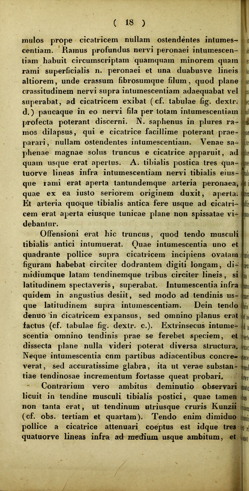 inulos prope cicatricem nullam ostendentes intumes- centiam. 'Ramus profundus nervi peronaei intumescen- tiam habuit circumscriptam quamquam minorem quam rami superficialis n. peronaei et una duabusve lineis altiorem, unde crassum fibrosumque filum, quod plane crassitudinem nervi supra intumescentiam adaequabat vel superabat, ad cicatricem exibat (cf. tabulae fig. dextr. d.) paucaque in eo nervi fila per totam intumescentiam profecta poterant discerni. N. saphenus in plures ra- mos dilapsus, qui e cicatrice facillime poterant prae- parari, nullam ostendentes intumescentiam. Venae sa- phenae magnae solus truncus e cicatrice apparuit, ad quam usque erat apertus. A. tibialis postica tres qua- tuorve lineas infra intumescentiam nervi tibialis eius- qiie rami erat aperta tantundemque arteria peronaea, quae ex ea iusto seriorem originem duxit, aperta. Et arteria quoque tibialis antica fere usque ad cicatri- cem erat aperta eiusque tunicae plane non spissatae vi- debantur. Offensioni erat hic truncus, quod tendo musculi tibialis antici intumuerat. Quae intumescentia uno et quadrante pollice supra cicatricem incipiens ovatam figuram habebat circiter dodrantem digiti longam, di- ntidiumque latam tendinemque tribus circiter lineis, si latitudinem spectaveris, superabat. Intumescentia infra quidem in angustius desiit, sed modo ad tendinis us- que latitudinem supra intumescentiam. Dein tendo denuo 'in Oicatricem expansus, sed omnino planus erat factus (cf. tabulae fig. dextr. c.). Extrinsecus intume- scentia omnino tendinis prae se ferebet speciem, et dissecta plane nulla videri poterat diversa structura. Neque intumescentia cnm partibus adiacentibus concre- verat, sed accuratissime glabra, ita ut verae substan- tiae tendinosae incrementum fortasse queat probari. Contrarium vero ambitus deminutio observari licuit in tendine musculi tibialis postici, quae tamen non tanta erat, ut tendinum utriusque cruris Kunzii (cf. obs. tertiam et quartam). Tendo enim dimiduo pollice a cicatrice attenuari coeptus est idque tres quatuorve lineas infra ad medium usque ambitum, et In illi) orci iPS! nnt iiri HS tai 1: I »l( lac «cei 'Min •liisii rl