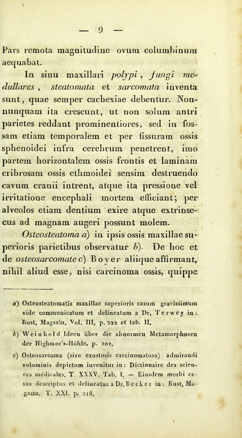 Pars remota magnitudine ovum columbinum aequabat. In sinu maxillari poljpi , Jungi me-^ dullares , steatomata et sarcomata inventa sunt, quae semper cachexiae debentur. Non- nunquam ita crescunt, ut non solum antri parietes reddant prominentiores, sed in fos- sam etiam temporalem et per fissuram ossis sphenoidei infra cerebrum penetrent, imo partem horizontalem ossis frontis et laminam cribrosam ossis ethmoidei’ sensim destruendo cavum cranii intrent, atque ita pressione vel irritatione encephali mortem efficiant; per alveolos etiam dentium exire atque extrinse- cus ad magnam augeri possunt molem. Osteosteatoma a) in ipsis ossis maxillae su- perioris parietibus observatur h). De hoc et de osteosarcomate o) Boyer aliique aflirniant, nihil aliud esse, nisi carcinoma ossis, quippe a) Osteosteatomatis maxillae superioris casum gravissimum vide communicatum et delineatum a Dr. Terwey in; Rust, Magazin. VqI, p. 222 et tab. II, b) Weinhold Ideen liber die abnormen Metamorphosen der Highmor’s-H6hle. p. 202. c) Osteosarcoma (sive exostosis carcinomatosa) admirandi voluminis depictum invenitur in : Dictionaire des Scien- ces medicales. T. XXXV, Tab. I. — Eiusdem morbi ca- sus descriptus et delinealus a Dr, B e c k e r in; E ust, Ma- gazin. T. XXI, p. 218. %