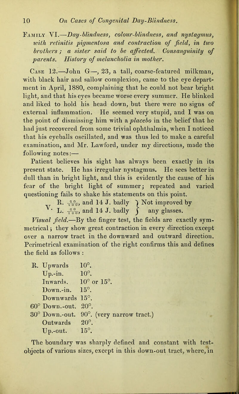 Family YI.—-Day-blindness, colour-blindness, and nystagmus, with retinitis pigmentosa and contraction of field, in two brothers; a sister said to be affected. Consanguinity of parents. History of melancholia in mother. Case 12.—John Gr—, 23, a tall, coarse-featured milkman, with black hair and sallow complexion, came to the eye depart- ment in April, 1880, complaining that he could not bear bright light, and that his eyes became worse every summer. He blinked and liked to hold his head down, but there were no signs of external inflammation. He seemed very stupid, and I was on the point of dismissing him with a placebo in the belief that he had just recovered from some trivial ophthalmia, when I noticed that his eyeballs oscillated, and was thus led to make a careful examination, and Mr. Lawford, under my directions, made the following notes:— Patient believes his sight has always been exactly in its present state. He has irregular nystagmus. He sees better in dull than in bright light, and this is evidently the cause of his fear of the bright light of summer; repeated and varied questioning fails to shake his statements on this point. R. and 14 J. badly 1 Not improved by L. -p-o, and 14 J. badly j any glasses. Visual field.—By the finger test, the fields are exactly sym- metrical ; they show great contraction in every direction except over a narrow tract in the downward and outward direction. Perimetrical examination of the right confirms this and defines the field as follows : R. Upwards 10°. Up.-in. 10°. Inwards. 10° or 15°. Down.-in. 15°. Downwards 15°. 60° Down.-out. 20°. 30° Down.-out. 90°. (very narrow tract.) Outwards 20°. Up.-out. 15°. The boundary was sharply defined and constant with test- objects of various sizes, except in this down-out tract, where, in