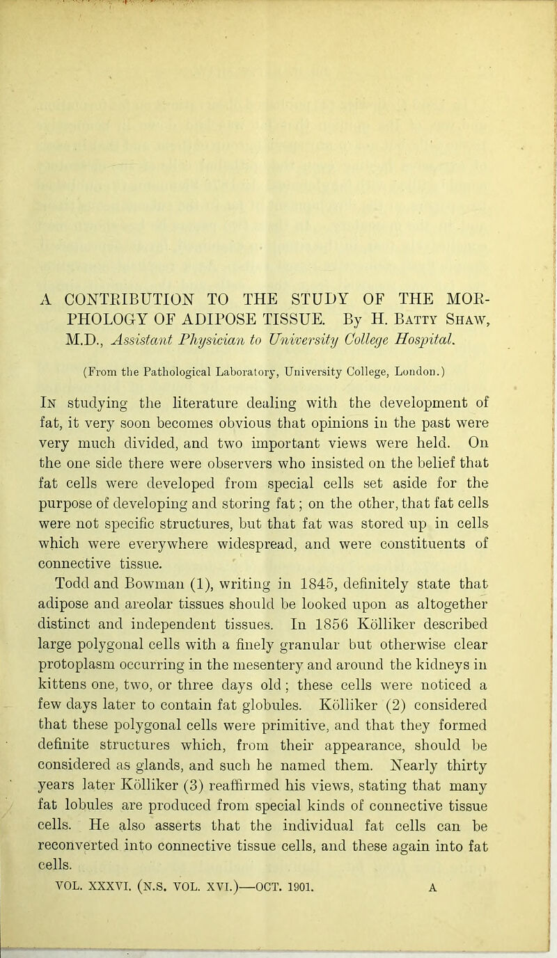 A CONTRIBUTION TO THE STUDY OF THE MOR- PHOLOGY OF ADIPOSE TISSUE. By H. Batty Shaw, M.D., Assistant Physician to University College Hospital. (From the Pathological Laboratory, University College, London.) In studying the literature dealing with the development of fat, it very soon becomes obvious that opinions in the past were very much divided, and two important views were held. On the one side there were observers who insisted on the belief that fat cells were developed from special cells set aside for the purpose of developing and storing fat; on the other, that fat cells were not specific structures, but that fat was stored up in cells which were everywhere widespread, and were constituents of connective tissue. Todd and Bowman (1), writing in 1845, definitely state that adipose and areolar tissues should be looked upon as altogether distinct and independent tissues. In 1856 Kolliker described large polygonal cells with a finely granular but otherwise clear protoplasm occurring in the mesentery and around the kidneys in kittens one, two, or three days old; these cells were noticed a few days later to contain fat globules. Kolliker (2) considered that these polygonal cells were primitive, and that they formed definite structures which, from their appearance, should be considered as glands, and such he named them. Nearly thirty years later Kolliker (3) reaffirmed his views, stating that many fat lobules are produced from special kinds of connective tissue cells. He also asserts that the individual fat cells can be reconverted into connective tissue cells, and these again into fat cells. VOL. XXXVI. (N.S. VOL. XVI.)—OCT. 1901. A