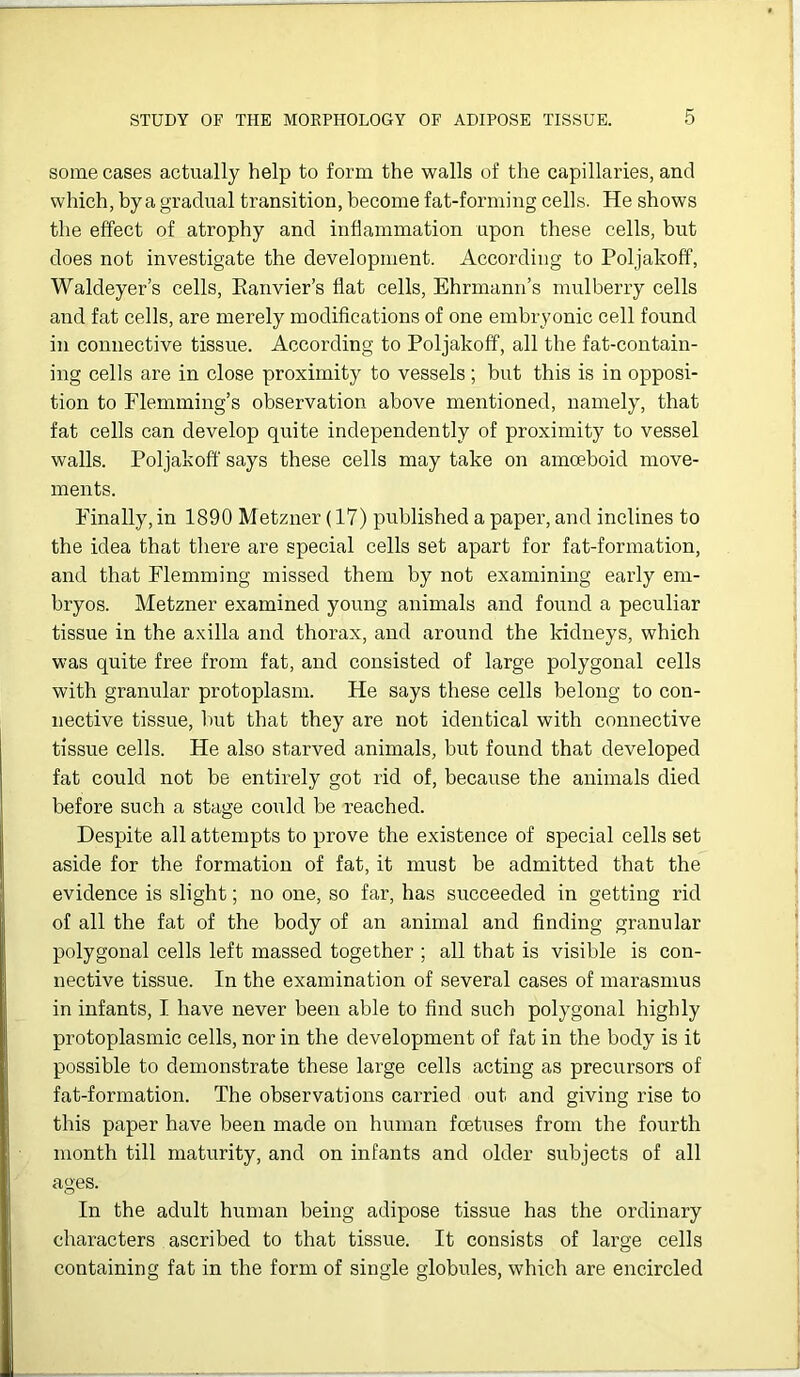 some cases actually help to form the walls of the capillaries, and which, by a gradual transition, become fat-forming cells. He shows the effect of atrophy and inflammation upon these cells, but does not investigate the development. According to Poljakoff, Waldeyer’s cells, Eanvier’s flat cells, Ehrmann’s mulberry cells and fat cells, are merely modifications of one embryonic cell found in connective tissue. According to Poljakoff, all the fat-contain- ing cells are in close proximity to vessels ; but this is in opposi- tion to Flemming’s observation above mentioned, namely, that fat cells can develop quite independently of proximity to vessel walls. Poljakoff says these cells may take on amoeboid move- ments. Finally, in 1890 Metzner (17) published a paper, and inclines to the idea that there are special cells set apart for fat-formation, and that Flemming missed them by not examining early em- bryos. Metzner examined young animals and found a peculiar tissue in the axilla and thorax, and around the kidneys, which was quite free from fat, and consisted of large polygonal cells with granular protoplasm. He says these cells belong to con- nective tissue, but that they are not identical with connective tissue cells. He also starved animals, but found that developed fat could not be entirely got rid of, because the animals' died before such a stage could be reached. Despite all attempts to prove the existence of special cells set aside for the formation of fat, it must be admitted that the evidence is slight; no one, so far, has succeeded in getting rid of all the fat of the body of an animal and finding granular polygonal cells left massed together ; all that is visible is con- nective tissue. In the examination of several cases of marasmus in infants, I have never been able to find such polygonal highly protoplasmic cells, nor in the development of fat in the body is it possible to demonstrate these large cells acting as precursors of fat-formation. The observations carried out and giving rise to this paper have been made on human foetuses from the fourth month till maturity, and on infants and older subjects of all ages. In the adult human being adipose tissue has the ordinary characters ascribed to that tissue. It consists of large cells containing fat in the form of single globules, which are encircled