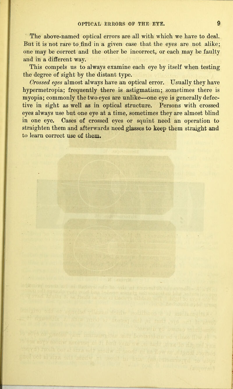 The above-named optical errors are all with which we have to deal. But it is not rare to .find in a given case that the eyes are not alike; one may be correct and the other be incorrect, or each may be faulty and in a different way. This compels us to always examine each eye by itself when testing the degree of sight by the distant type. Crossed eges almost always have an optical error. Usually they have hypermetropia; frequently there is astigmatism; sometimes there is myopia; commonly the two eyes are unlike—one eye is generally defec- tive in sight as well as in optical structure. Persons with crossed eyes always use but one eye at a time, sometimes they are almost blind in one eye. Cases of crossed eyes or squint need an operation to straighten them and afterwards need glasses to keep them straight and to learn correct use of them.