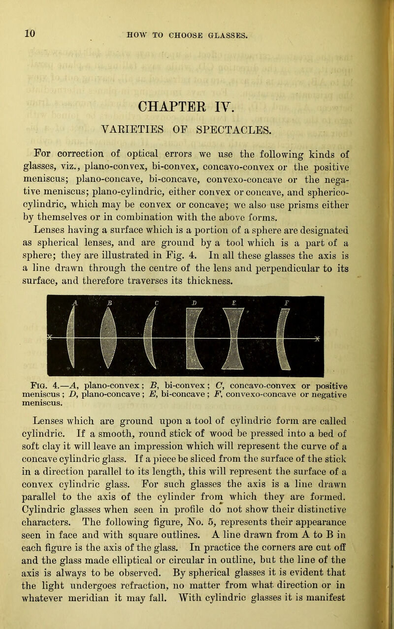 CHAPTER IV. VARIETIES OF SPECTACLES. For correction of optical errors we use the following kinds of glasses, viz., plano-convex, bi-convex, concavo-convex or the positive meniscus; plano-concave, bi-concave, convexo-concave or the nega- tive meniscus; plano-cylindric, either convex or concave, and spherico- cylindric, which may be convex or concave; we also use prisms either by themselves or in combination with the above forms. Lenses having a surface which is a portion of a sphere are designated as spherical lenses, and are ground by a tool which is a part of a sphere; they are illustrated in Fig. 4. In all these glasses the axis is a line drawn through the centre of the lens and perpendicular to its surface, and therefore traverses its thickness. Fig. 4.—A, plano-convex; B, bi-convex; C, concavo-convex or positive meniscus ; D, plano-concave ; E, bi-concave ; F, convexo-concave or negative meniscus. Lenses which are ground upon a tool of cylindric form are called cylindric. If a smooth, round stick of wood be pressed into a bed of soft clay it will leave an impression which will represent the curve of a concave cylindric glass. If a piece be sliced from the surface of the stick in a direction parallel to its length, this will represent the surface of a convex cylindric glass. For such glasses the axis is a line drawn parallel to the axis of the cylinder from which they are formed. Cylindric glasses when seen in profile do not show their distinctive characters. The following figure, No. 5, represents their appearance seen in face and with square outlines. A line drawn from A to B in each figure is the axis of the glass. In practice the corners are cut off and the glass made elliptical or circular in outline, but the line of the axis is always to be observed. By spherical glasses it is evident that the light undergoes refraction, no matter from what direction or in whatever meridian it may fall. With cylindric glasses it is manifest