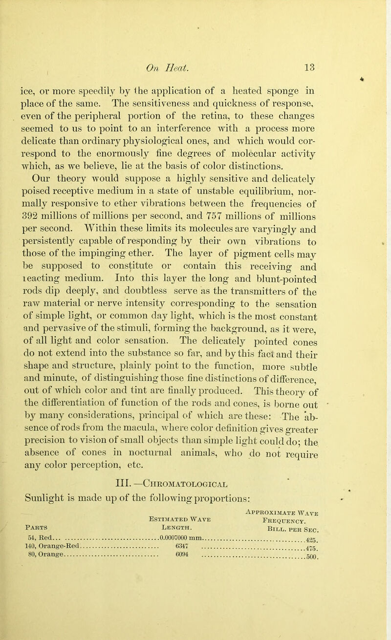 ice, or more speedily by the application of a heated sponge in place of the same. The sensitiveness and quickness of response, even of the peripheral portion of the retina, to these changes seemed to us to point to an interference with a process more delicate than ordinary physiological ones, and which would cor- respond to the enormously fine degrees of molecular activity which, as we believe, lie at the basis of color distinctions. Our theory would suppose a highly sensitive and delicately poised receptive medium in a state of unstable equilibrium, nor- mally responsive to ether vibrations between the frequencies of 392 millions of millions per second, and 757 millions of millions per second. Within these limits its molecules are varyingly and persistently capable of responding by their own vibrations to those of the impinging ether. The layer of pigment cells may be supposed to constitute or contain this receiving and leacting medium. Into this layer the long and blunt-pointed rods dip deeply, and doubtless serve as the transmitters of the raw material or nerve intensity corresponding to the sensation of simple light, or common day light, which is the most constant and pervasive of the stimuli, forming the background, as it were, of all light and color sensation. The delicately pointed cones do not extend into the substance so far, and by this fact and their shape and structure, plainly point to the function, more subtle and minute, of distinguishing those fine distinctions of difference, out of which color and tint are finally produced. This theory of the differentiation of function of the rods and cones, is borne out by many considerations, principal of which are these: The ab- sence of rods from the macula, where color definition gives greater precision to vision of small objects than simple light could do; the absence of cones in nocturnal animals, who do not require any color perception, etc. III. —Chromatological Sunlight is made up of the following proportions: Approximate Wave Estimated Wave Frequency. Parts Length. Bill. PEr Sec. 54, Red 0.0007000 mm 425 140, Orange-Red 6347 80, Orange 6004