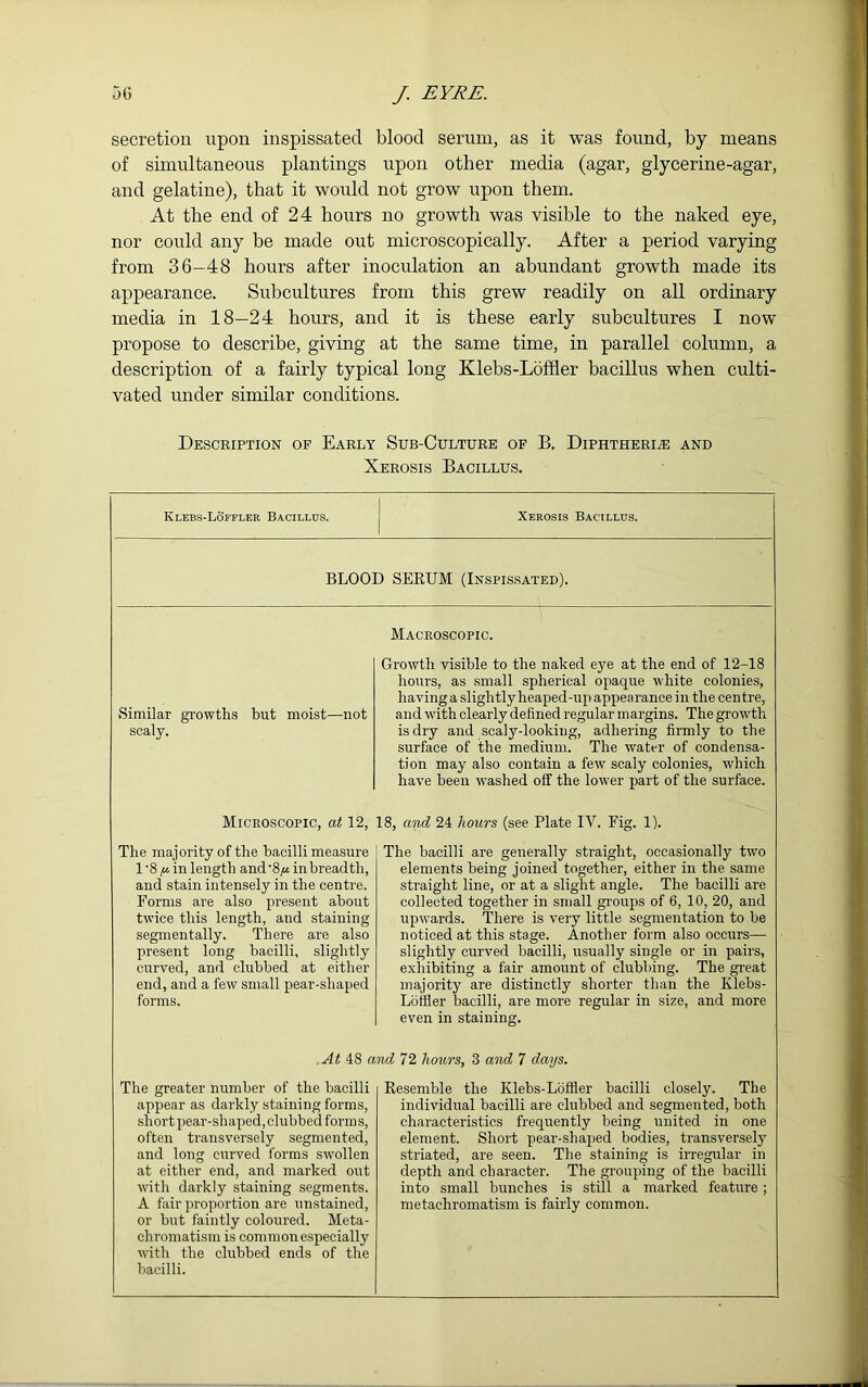 secretion upon inspissated blood serum, as it was found, by means of simultaneous plantings upon other media (agar, glycerine-agar, and gelatine), that it would not grow upon them. At the end of 24 hours no growth was visible to the naked eye, nor could any be made out microscopically. After a period varying from 36-48 hours after inoculation an abundant growth made its appearance. Subcultures from this grew readily on all ordinary media in 18-24 hours, and it is these early subcultures I now propose to describe, giving at the same time, in parallel column, a description of a fairly typical long Klebs-Loffler bacillus when culti- vated under similar conditions. Description of Early Sub-Culture of B. Diphtheria and Xerosis Bacillus. Ivlebs-Loffler Bacillds. Xerosis Bacillus. BLOOD SERUM (Inspissated). Macroscopic. Similar growths but moist—not scaly. Growth visible to the naked eye at the end of 12-18 hours, as small spherical opaque white colonies, having a slightly heaped-up appearance in the centre, and with clearly defined regular margins. The growth is dry and scaly-looking, adhering firmly to the surface of the medium. The water of condensa- tion may also contain a few scaly colonies, which have been washed off the lower part of the surface. Microscopic, at 12, 18, and 24 hours (see Plate IY. Fig. 1). The majority of the bacilli measure 1 '8 in length and '8 ft in breadth, and stain intensely in the centre. Forms are also present about twice this length, and staining segmentally. There are also present long bacilli, slightly curved, and clubbed at either end, and a few small pear-shaped forms. The bacilli are generally straight, occasionally two elements being joined together, either in the same straight line, or at a slight angle. The bacilli are collected together in small groups of 6, 10, 20, and upwards. There is very little segmentation to he noticed at this stage. Another form also occurs— slightly curved bacilli, usually single or in pairs, exhibiting a fair amount of clubbing. The great majority are distinctly shorter than the Klebs- Loffler bacilli, are more regular in size, and more even in staining. At 48 and 72 hours, 3 and 7 days. The greater number of the bacilli appear as darkly staining forms, short pear-shaped, clubbed forms, often transversely segmented, and long curved forms swollen at either end, and marked out with darkly staining segments. A fair proportion are unstained, or hut faintly coloured. Meta- chromatism is common especially with the clubbed ends of the bacilli. Resemble the Klebs-Loffler bacilli closely. The individual bacilli are clubbed and segmented, both characteristics frequently being united in one element. Short pear-shaped bodies, transversely striated, are seen. The staining is irregular in depth and character. The grouping of the bacilli into small bunches is still a marked feature; metachromatism is fairly common.