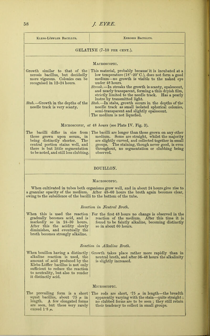 Kleiss-Loffler Bacillus. Xerosis Bacillus. GELATINE (7-10 PER CENT.). Growth similar to that of the xerosis bacillus, but decidedly more vigorous. Colonies can be recognised in 12-24 hours. Stab.—Growth in the depths of the needle track is very scanty. Macroscopic. This material, probably because’ it is incubated at a low temperature (18°-20° C.), does not form a good medium—no growth is visible to the naked eye under 48 hours. Streak.—In streaks the growth is scanty, opalescent, and nearly transparent, forming a thin dryish film, strictly limited to the needle track. Has a pearly lustre by transmitted light. Stab.—In stabs, growth occurs in the depths of the needle track as small isolated spherical colonies, semi-transparent and slightly opalescent. The medium is not liquefied. Microscopic, at 48 hours (see Plate IV. Fig. 3). The bacilli differ in size from I The bacilli are longer than those grown on any other those grown upon serum, in being distinctly shorter. The central portion stains well, and there is but little segmentation to be noted, and still less clubbing. medium. Some are straight, whilst the majority are slightly curved, and collected together in small groups. The staining, though never good, is even throughout, no segmentation or clubbing being observed. BOUILLON. Macroscopic. When cultivated in tubes both organisms grow well, and in about 24 hours give rise to a granular opacity of the medium. After 48-60 hours the broth again becomes clear, owing to the subsidence of the bacilli to the bottom of the tube. Reaction in Neutral Broth. When this is used the reaction gradually becomes acid, and is markedly so in 24-30 hours. After this the acidity slowly diminishes, and eventually the broth becomes strongly alkaline. For the first 48 hours no change is observed in the reaction of the medium. After this time it is found to be faintly alkaline, becoming distinctly so in about 60 hours. Reaction in Alkaline Broth. When bouillon having a distinctly alkaline reaction is used, the amount of acid produced by the Klebs-Lbffler bacillus is not only sufficient to reduce the reaction to neutrality, but also to render it distinctly acid. The prevailing form is a short squat bacillus, about '75 ^ in length. A few elongated forms are seen, but these very rarely exceed 1'8 p. Growth takes place rather more rapidly than in neutral broth, and after 36-48 hours the alkalinity is slightly increased. Microscopic. The rods are short, '75 ^ in length—the breadth apparently varying with the stain—quite straight; no clubbed forms are to be seen ; they still retain their tendency to collect in small groups.