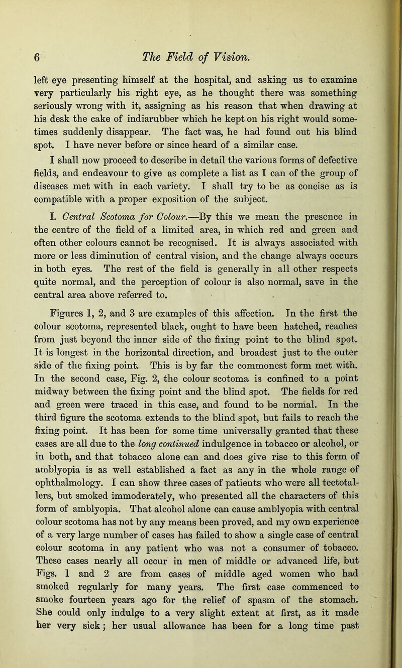 left eye presenting himself at the hospital, and asking us to examine very particularly his right eye, as he thought there was something seriously wrong with it, assigning as his reason that when drawing at his desk the cake of indiarubber which he kept on his right would some- times suddenly disappear. The fact was, he had found out his blind spot. I have never before or since heard of a similar case. I shall now proceed to describe in detail the various forms of defective fields, and endeavour to give as complete a list as I can of the group of diseases met with in each variety. I shall try to be as concise as is compatible with a proper exposition of the subject. I. Central Scotoma for Colour.—By this we mean the presence in the centre of the field of a limited area, in which red and green and often other colours cannot be recognised. It is always associated with more or less diminution of central vision, and the change always occurs in both eyes. The rest of the field is generally in all other respects quite normal, and the perception of colour is also normal, save in the central area above referred to. Figures 1, 2, and 3 are examples of this affection. In the first the colour scotoma, represented black, ought to have been hatched, reaches from just beyond the inner side of the fixing point to the blind spot. It is longest in the horizontal direction, and broadest just to the outer side of the fixing point. This is by far the commonest form met with. In the second case, Fig. 2, the colour scotoma is confined to a point midway between the fixing point and the blind spot. The fields for red and green were traced in this case, and found to be normal. In the third figure the scotoma extends to the blind spot, but fails to reach the fixing point. It has been for some time universally granted that these cases are all due to the long continued indulgence in tobacco or alcohol, or in both, and that tobacco alone can and does give rise to this form of amblyopia is as well established a fact as any in the whole range of ophthalmology. I can show three cases of patients who were all teetotal- lers, but smoked immoderately, who presented all the characters of this form of amblyopia. That alcohol alone can cause amblyopia with central colour scotoma has not by any means been proved, and my own experience of a very large number of cases has failed to show a single case of central colour scotoma in any patient who was not a consumer of tobacco. These cases nearly all occur in men of middle or advanced life, but Figs. 1 and 2 are from cases of middle aged women who had smoked regularly for many years. The first case commenced to smoke fourteen years ago for the relief of spasm of the stomach. She could only indulge to a very slight extent at first, as it made her very sick; her usual allowance has been for a long time past