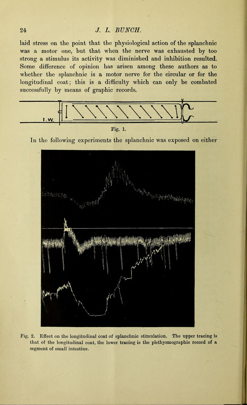 laid stress on the point that the physiological action of the splanchnic was a motor one, but that when the nerve was exhausted by too strong a stimulus its activity was diminished and inhibition resulted. Some difference of opinion has arisen among these authors as to whether the splanchnic is a motor nerve for the circular or for the longitudinal coat; this is a difficulty which can only be combated successfully by means of graphic records. In the following experiments the splanchnic was exposed on either Fig. 2. Effect on the longitudinal coat of splanchnic stimulation. The upper tracing is that of the longitudinal coat, the lower tracing is the plethysmographic record of a segment of small intestine.
