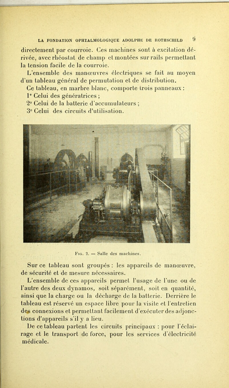 directement par courroie. Ces machines sont à excitation dé- rivée, avec rhéostat de champ et montées sur rails permettant la tension facile de la courroie. L’ensemble des manœuvres électriques se fait au moyen d’un tableau général de permutation et de distribution. Ce tableau, en marbre blanc, comporte trois panneaux : 1° Celui des génératrices ; 2° Celui de la batterie d’accumulateurs ; 3° Celui des circuits d’utilisation. Fig. 2. — Salle des machines. Sur ce tableau sont groupés : les appareils de manœuvre, de sécurité et de mesure nécessaires. L’ensemble de ces appareils permet l’usage de l’une ou de l’autre des deux dynamos, soit séparément, soit en quantité, ainsi que la charge ou la décharge de la batterie. Derrière le tableau est réservé un espace libre pour la visite et l’entretien des connexions et permettant facilement d’exécuter des adjonc- tions d’appareils s’il y a lieu. De ce tableau partent les circuits principaux : pour l’éclai- rage et le transport de force, pour les services d'électricité médicale.