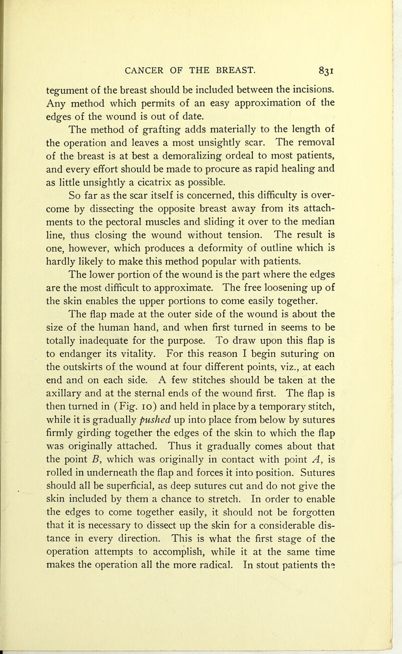 tegument of the breast should be included between the incisions. Any method which permits of an easy approximation of the edges of the wound is out of date. The method of grafting adds materially to the length of the operation and leaves a most unsightly scar. The removal of the breast is at best a demoralizing ordeal to most patients, and every effort should be made to procure as rapid healing and as little unsightly a cicatrix as possible. So far as the scar itself is concerned, this difficulty is over- come by dissecting the opposite breast away from its attach- ments to the pectoral muscles and sliding it over to the median line, thus closing the wound without tension. The result is one, however, which produces a deformity of outline which is hardly likely to make this method popular with patients. The lower portion of the wound is the part where the edges are the most difficult to approximate. The free loosening up of the skin enables the upper portions to come easily together. The flap made at the outer side of the wound is about the size of the human hand, and when first turned in seems to be totally inadequate for the purpose. To draw upon this flap is to endanger its vitality. For this reason I begin suturing on the outskirts of the wound at four different points, viz., at each end and on each side. A few stitches should be taken at the axillary and at the sternal ends of the wound first. The flap is then turned in (Fig. 10) and held in place by a temporary stitch, while it is gradually pushed up into place from below by sutures firmly girding together the edges of the skin to which the flap was originally attached. Thus it gradually comes about that the point B, which was originally in contact with point A, is rolled in underneath the flap and forces it into position. Sutures should all be superficial, as deep sutures cut and do not give the skin included by them a chance to stretch. In order to enable the edges to come together easily, it should not be forgotten that it is necessary to dissect up the skin for a considerable dis- tance in every direction. This is what the first stage of the operation attempts to accomplish, while it at the same time makes the operation all the more radical. In stout patients the