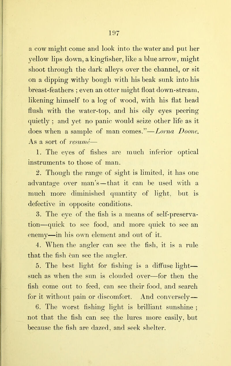 a cow might come and look into the water and put her yellow lips down, a kingfisher, like a blue arrow, might shoot through the dark alleys over the channel, or sit on a dipping withy bough with his beak sunk into his breast-feathers ; even an otter might float down-stream, likening himself to a log of wood, with his flat head flush with the water-top, and his oily eyes peering quietly ; and yet no panic would seize other life as it does when a sample of man comes.”—Lorna Donne. As a sort of resume— 1. The eyes of fishes are much inferior optical instruments to those of man. 2. Though the range of sight is limited, it has one advantage over man’s—that it can be used with a <^j much more diminished quantity of light, but is defective in opposite conditions. 3. The eye of the fish is a means of self-preserva- tion—quick to see food, and more quick to see an enemy—in his own element and out of it. 4. When the angler can see the fish, it is a rule that the fish can see the angler. 5. The best light for fishing is a diffuse light— such as when the sun is clouded over—for then the fish come out to feed, can see their food, and search for it without pain or discomfort. And conversely— 6. The worst fishing light is brilliant sunshine ; not that the fish can see the lures more easily, but because the fish are dazed, and seek shelter.