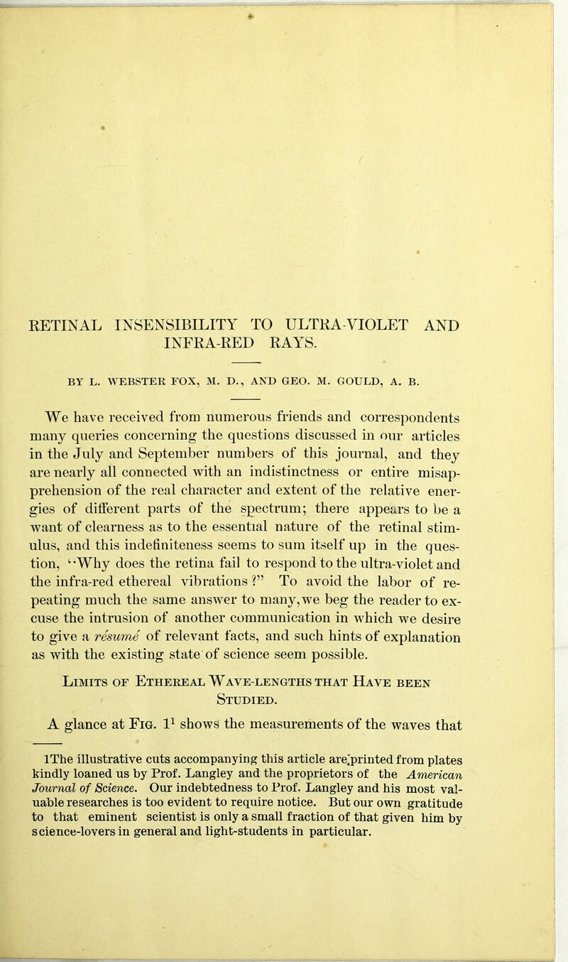 RETINAL INSENSIBILITY TO ULTRA VIOLET AND INFRA-RED RAYS. BY L. AVEBSTER FOX, M. D., AND GEO. M. GOULD, A. B. We have received from numerous friends and correspondents many queries concerning the questions discussed in our articles in the July and September numbers of this journal, and they are nearly all connected with an indistinctness or entire misap- prehension of the real character and extent of the relative ener- gies of different parts of the spectrum; there appears to be a want of clearness as to the essential nature of the retinal stim- ulus, and this indefiniteness seems to sum itself up in the ques- tion, ‘Why does the retina fail to respond to the ultrawiolet and the infra-red ethereal vibrations ?” To avoid the labor of re- peating much the same answer to many, we beg the reader to ex- cuse the intrusion of another communication in which we desire to give a resume of relevant facts, and such hints of explanation as with the existing state of science seem possible. Limits of Ethereal Wave-lengths that Have been Studied. A glance at Fig. I1 shows the measurements of the waves that IThe illustrative cuts accompanying this article areiprinted from plates kindly loaned us by Prof. Langley and the proprietors of the American Journal of Science. Our indebtedness to Prof. Langley and his most val- uable researches is too evident to require notice. But our own gratitude to that eminent scientist is only a small fraction of that given him by science-lovers in general and light-students in particular.