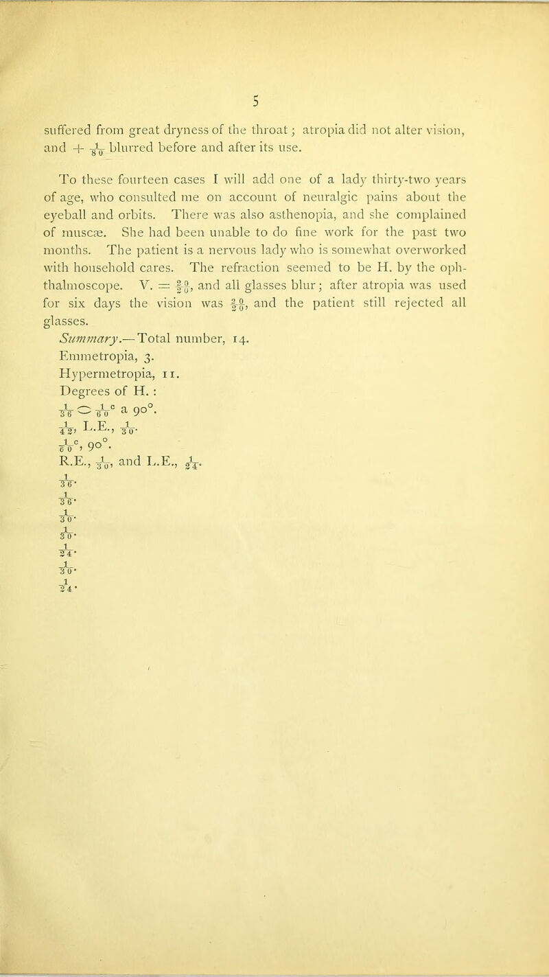 suffered from great dryness of the throat; atropia did not alter vision, and + -g’y- blurred before and after its use. To these fourteen cases I will add one of a lady thirty-two years of age, who consulted me on account of neuralgic pains about the eyeball and orbits. There was also asthenopia, and she complained of muscae. She had been unable to do fine work for the past two months. The patient is a nervous lady who is somewhat overworked with household cares. The refraction seemed to be H. by the oph- thalmoscope. V. = and all glasses blur; after atropia was used for six days the vision was i-g-, and the patient still rejected all glasses. Summary.■—Total number, 14. Emmetropia, 3. Hypermetropia, ii. Degrees of H. : a 90°- 1 T F 1 -go- eV% 9°°- R.E., 3V. and L.E., 1 TtT' _1_ 36* sV* gV*