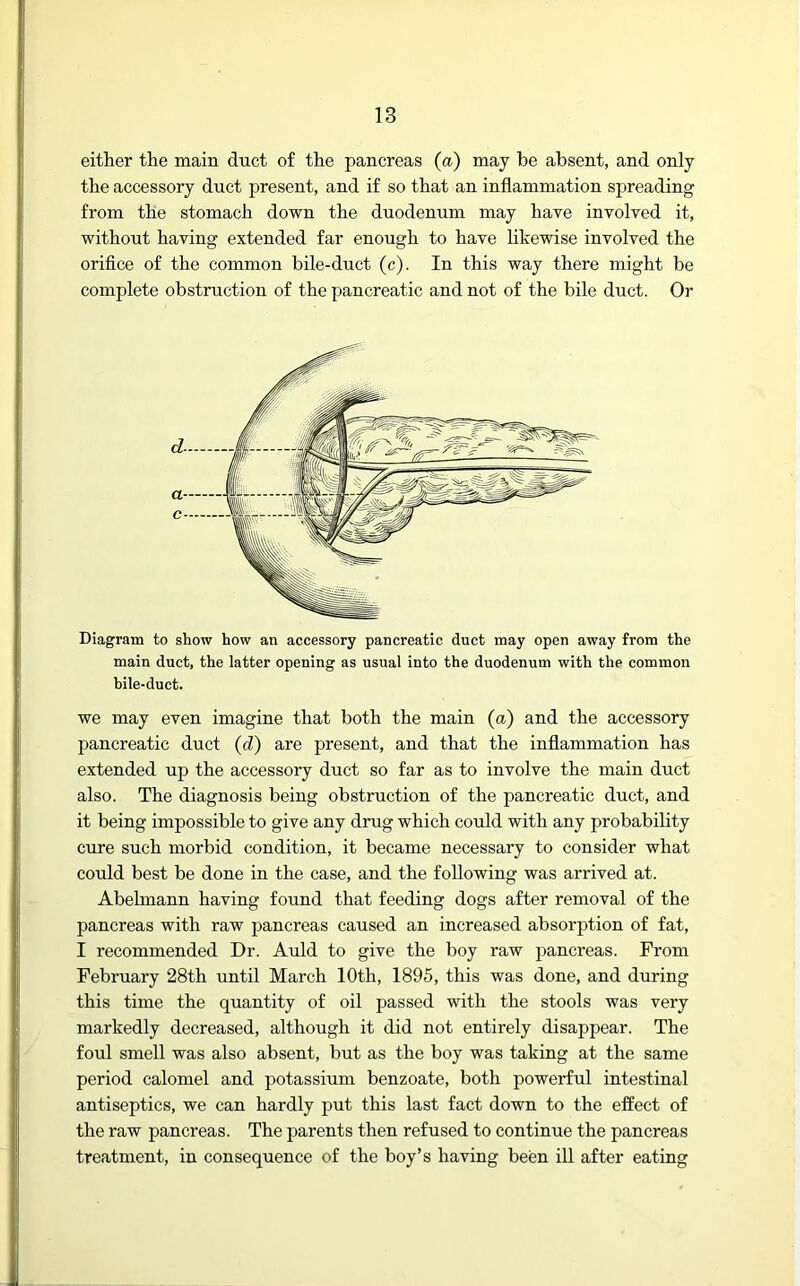 either the main duct of the pancreas (a) may be absent, and only the accessory duct present, and if so that an inflammation spreading from the stomach down the duodenum may haye involved it, without having extended far enough to have likewise involved the orifice of the common bile-duct (c). In this way there might be complete obstruction of the pancreatic and not of the bile duct. Or Diagram to show how an accessory pancreatic duct may open away from the main duct, the latter opening as usual into the duodenum with the common bile-duct. we may even imagine that both the main (a) and the accessory pancreatic duct (d) are present, and that the inflammation has extended up the accessory duct so far as to involve the main duct also. The diagnosis being obstruction of the pancreatic duct, and it being impossible to give any drug which could with any probability cure such morbid condition, it became necessary to consider what could best be done in the case, and the following was arrived at. Abelmann having found that feeding dogs after removal of the pancreas with raw pancreas caused an increased absorption of fat, I recommended Dr. Auld to give the boy raw pancreas. From February 28th until March 10th, 1895, this was done, and during this time the quantity of oil passed with the stools was very markedly decreased, although it did not entirely disappear. The foul smell was also absent, but as the boy was taking at the same period calomel and potassium benzoate, both powerful intestinal antiseptics, we can hardly put this last fact down to the effect of the raw pancreas. The parents then refused to continue the pancreas treatment, in consequence of the boy’s having been ill after eating