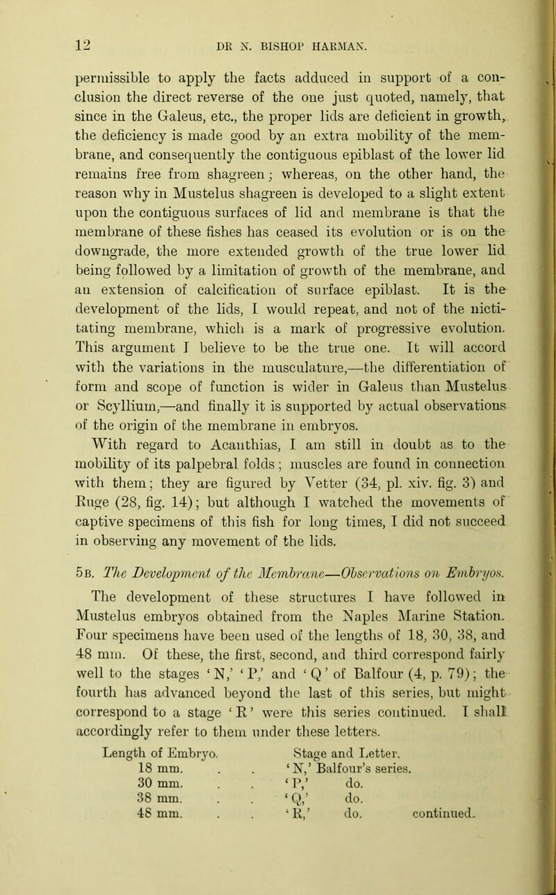 permissible to apply the facts adduced in support of a con- clusion the direct reverse of the one just quoted, namely, that since in the Galeus, etc., the proper lids are deficient in growth, the deficiency is made good by an extra mobility of the mem- brane, and consequently the contiguous epiblast of the lower lid remains free from shagreen; whereas, on the other hand, the reason why in Mustelus shagreen is developed to a slight extent upon the contiguous surfaces of lid and membrane is that the membrane of these fishes has ceased its evolution or is on the downgrade, the more extended growth of the true lower lid being followed by a limitation of growth of the membrane, and an extension of calcification of surface epiblast. It is the development of the lids, I would repeat, and not of the nicti- tating membrane, which is a mark of progressive evolution. This argument I believe to be the true one. It will accord with the variations in the musculature,—the differentiation of form and scope of fimction is wider in Galeus tlian Mustelus or Scyllium,—and finally it is supported by actual observations of the origin of the membrane in embryos. With regard to Acanthias, I am still in doubt as to the mobility of its palpebral folds; muscles are found in connection with them; they are figured by Vetter (34, pi. xiv. fig. 3) and Huge (28, fig. 14); but although I watched the movements of captive specimens of this fish for long times, I did not succeed in observing any movement of the lids. 5b. The Development of the Membrane—Observations on Embryos. The development of these structures I have followed in Mustelus embryos obtained from the Naples Marine Station. Four specimens have been used of the lengths of 18, 30, 38, and 48 mm. Of these, the first, second, and third correspond fairly well to the stages ‘N,’ ‘ P,’ and ‘ Q ’ of Balfour (4, p. 79); the fourth has advanced beyond the last of this series, but might correspond to a stage ‘ R ’ were this series continued. I shall accordingly refer to them under these letters. Length of Embryo. Stage and Letter. 18 mm. ‘N,’ Balfour’s series. 30 mm. ‘1>,’ do. 38 mm. ‘ Q,’ do. 48 mm. ‘ R,’ do. continued.