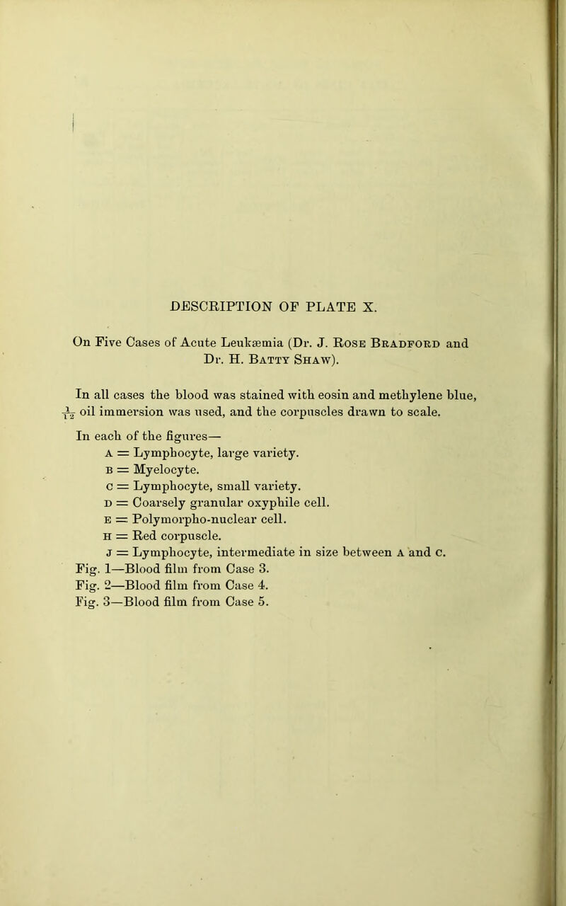 On Five Cases of Acute Leukaemia (Dr. J. Rose Bradford and Dr. H. Batty Shaw). In all cases the blood was stained with eosin and methylene blue, ^ oil immersion was used, and the corpuscles drawn to scale. In each of the figures— A = Lymphocyte, large variety. B = Myelocyte. c = Lymphocyte, small variety. D = Coarsely granular oxyphile cell. E = Polymorpho-nuclear cell. H = Red corpuscle. j = Lymphocyte, intermediate in size between A and c. Fig. I—Blood film from Case 3. Fig. 2—Blood film Rom Case 4.