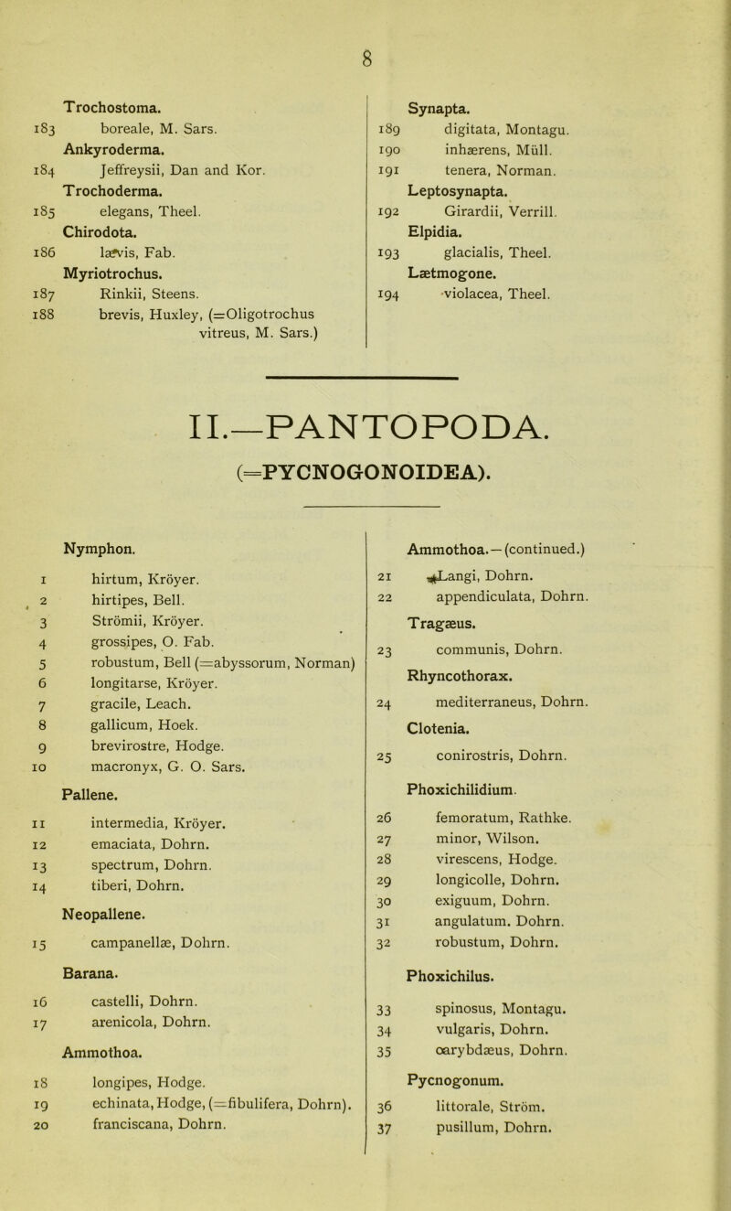 Trochostoma. Synapta. 183 boreale, M. Sars. i8g digitata, Montagu Ankyroderma. I go inhaerens. Mull. 184 Jeffreysii, Dan and Ivor. 191 tenera, Norman. Trochoderma. Leptosynapta. 185 elegans, Theel. 192 Girardii, Verrill. Chirodota. Elpidia. 186 la?vis, Fab. 193 glacialis, Theel. Myriotrochus. Laetmogone. 187 Rinkii, Steens. 194 'violacea, Theel. 188 brevis, Huxley, (=01igotrochus vitreus, M. Sars.) IL—PANTOPODA. (=PYCNOGONOIDEA). Nymphon. 1 hirtum, Kroyer. 2 hirtipes, Bell. 3 Stromii, Kroyer. 4 grossipes, O. Fab. 5 robustum, Bell (=abyssorum, Norman) 6 longitarse, Kroyer. 7 gracile, Leach. 8 gallicum, Hoek. 9 brevirostre, Hodge. 10 macronyx, G. O. Sars. Pallene. 11 intermedia, Kroyer. 12 emaciata, Dohrn. 13 spectrum, Dohrn. 14 tiberi, Dohrn. Neopallene. 15 campanellae, Dohrn. Ammothoa. — (continued.) 21 ^^angi, Dohrn. 22 appendiculata, Dohrn. Tragaeus. 23 communis, Dohrn. Rhyncothorax. 24 mediterraneus, Dohrn. Clotenia. 25 conirostris, Dohrn. Phoxichilidium. 26 femoratum, Rathke. 27 minor, Wilson. 28 virescens, Hodge. 29 longicolle, Dohrn. 30 exiguum, Dohrn. 31 angulatum. Dohrn. 32 robustum, Dohrn. Parana. 16 castelli, Dohrn. 17 arenicola, Dohrn. Ammothoa. Phoxichilus. 33 spinosus, Montagu. 34 vulgaris, Dohrn. 35 oarybdaeus, Dohrn. 18 19 20 longipes, Hodge. echinata, Hodge, (—fibulifera, Dohrn). franciscana, Dohrn. Pycnogfonum. 36 littorale, Strom. 37 pusillum, Dohrn.