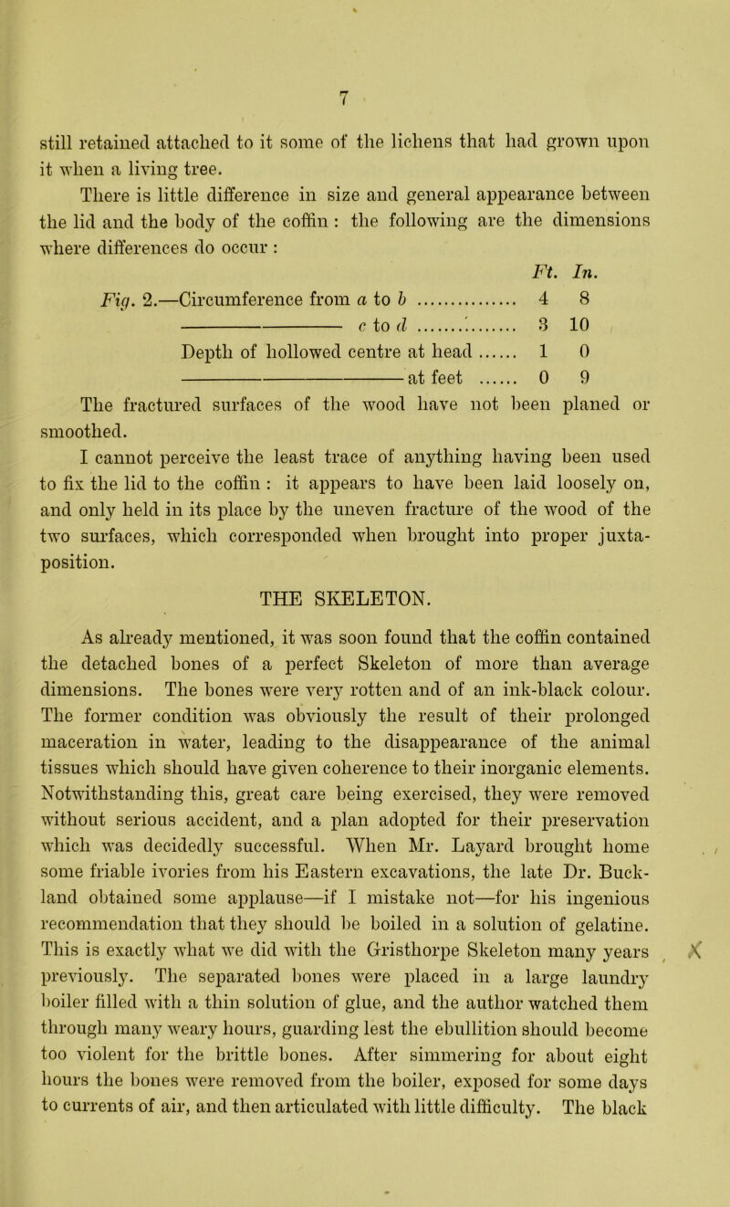 still retained attached to it some of the lichens that had grown upon it when a living tree. There is little difference in size and general appearance between the lid and the body of the coffin : the following are the dimensions where differences do occur : Ft. In. Fie/. 2.—Circumference from a to b 4 8 c to d 8 10 Depth of hollowed centre at head 1 0 at feet 0 9 The fractured surfaces of the wood have not been planed or smoothed. I cannot perceive the least trace of anything having been used to fix the lid to the coffin : it appears to have been laid loosely on, and only held in its place by the uneven fracture of the wood of the two surfaces, which corresponded when brought into proper juxta- position. THE SKELETON. As already mentioned, it was soon found that the coffin contained the detached bones of a perfect Skeleton of more than average dimensions. The bones were very rotten and of an ink-black colour. The former condition was obviously the result of their prolonged maceration in water, leading to the disappearance of the animal tissues which should have given coherence to their inorganic elements. Notwithstanding this, great care being exercised, they were removed without serious accident, and a plan adopted for their preservation which was decidedly successful. When Mr. Layard brought home some friable ivories from his Eastern excavations, the late Dr. Buck- land obtained some applause—if I mistake not—for his ingenious recommendation that they should be boiled in a solution of gelatine. This is exactly what we did with the Gristhorpe Skeleton many years X previously. The separated bones were placed in a large laundry boiler filled with a thin solution of glue, and the author watched them through many weary hours, guarding lest the ebullition should become too violent for the brittle bones. After simmering for about eight hours the bones were removed from the boiler, exposed for some days to currents of air, and then articulated with little difficulty. The black