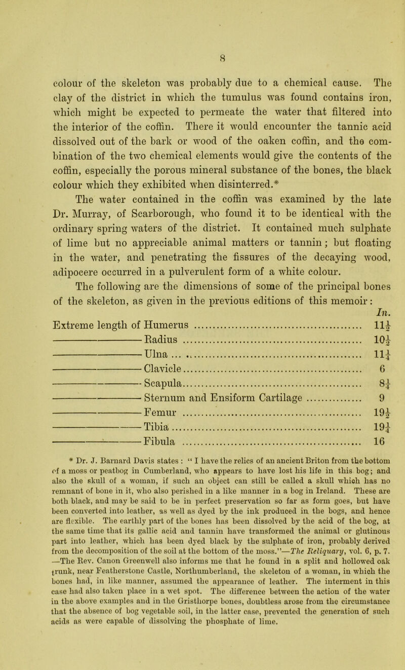 colour of the skeleton was probably due to a chemical cause. The clay of the district in which the tumulus was found contains iron, which might be expected to permeate the water that filtered into the interior of the coffin. There it would encounter the tannic acid dissolved out of the bark or wood of the oaken coffin, and the com- bination of the two chemical elements would give the contents of the coffin, especially the porous mineral substance of the bones, the black colour which they exhibited when disinterred.* The water contained in the coffin was examined by the late Dr. Murray, of Scarborough, who found it to be identical with the ordinary spring waters of the district. It contained much sulphate of lime but no appreciable animal matters or tannin; but floating in the water, and penetrating the fissures of the decaying wood, adipocere occurred in a pulverulent form of a white colour. The following are the dimensions of some of the principal bones of the skeleton, as given in the previous editions of this memoir: In. Extreme length of Humerus 11J Radius 10J Ulna 11^ Clavicle 6 Scapula 8J Sternum and Ensiform Cartilage 9 Femur 191- Tibia 19J Fibula 16 * Dr. J. Barnard Davis states : “ I have the relics of an ancient Briton from the bottom of a moss or peatbog in Cumberland, who appears to have lost his life in this bog; and also the skull of a woman, if such an object can still be called a skull which has no remnant of bone in it, who also perished in a like manner in a bog in Ireland. These are both black, and may he said to he in perfect preservation so far as form goes, hut have been converted into leather, as well as dyed by the ink produced in the hogs, and hence are flexible. The earthly part of the hones has been dissolved by the acid of the bog, at the same time that its gallic acid and tannin have transformed the animal or glutinous part into leather, which has been dyed black by the sulphate of iron, probably derived from the decomposition of the soil at the bottom of the moss.”—The Reliquary, vol. G, p. 7. —The Kev. Canon Greenwell also informs me that he found in a split and hollowed oak trunk, near Featherstone Castle, Northumberland, the skeleton of a woman, in which the bones had, in like manner, assumed the appearance of leather. The interment in this case had also taken place in a wet spot. The difference between the action of the water in the above examples and in the Gristhorpe bones, doubtless arose from the circumstance that the absence of bog vegetable soil, in the latter case, prevented the generation of such acids as were capable of dissolving the phosphate of lime.