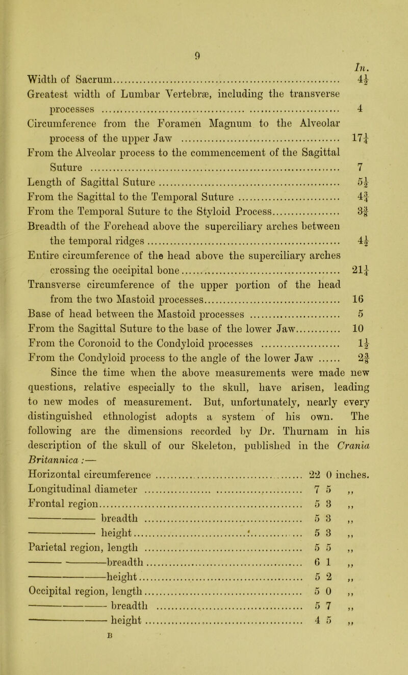 In. n Width of Sacrum Greatest width of Lumbar Vertebrae, including the transverse processes 4 Circumference from the Foramen Magnum to the Alveolar process of the upper Jaw 17£ From the Alveolar process to the commencement of the Sagittal Suture 7 Length of Sagittal Suture 5 4 From the Sagittal to the Temporal Suture 4| From the Temporal Suture to the Styloid Process 81- Breadth of the Forehead above the superciliary arches between the temporal ridges 4^ Entire circumference of the head above the superciliary arches crossing the occipital bone 21^ Transverse circumference of the upper portion of the head from the two Mastoid processes 16 Base of head between the Mastoid processes 5 From the Sagittal Suture to the base of the lower Jaw 10 From the Coronoid to the Condyloid processes 14 From the Condyloid process to the angle of the lower Jaw 2§ Since the time when the above measurements were made new questions, relative especially to the skull, have arisen, leading to new modes of measurement. But, unfortunately, nearly every distinguished ethnologist adopts a system of his own. The following are the dimensions recorded by Dr. Tliurnam in his description of the skull of our Skeleton, published in the Crania Britannica :— Horizontal circumference 22 0 inches. Longitudinal diameter 7 5 Frontal region 5 8 breadth 5 8 height f 5 8 Parietal region, length 5 breadth 6 height 5 Occipital region, length 5 breadth 5 height 4 5 1 2 0 7 5 > > > j 5» ) j ) * j > > t 13