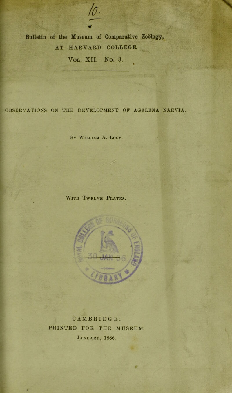 Bulletin of the Museum of Comparative Zoology, AT HARVARD COLLEGE. VOL. XII. NO. 3. OBSERVATIONS ON THE DEVELOPMENT OF AGELENA NAEVIA By William A. Locy. With Twelve Plates. CAMBRIDGE: PRINTED FOR THE MUSEUM. January, 1886.