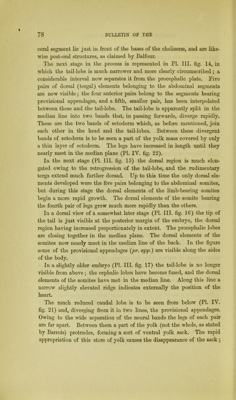 ceral segment lie just in front of the bases of the chelicerse, and are like- wise post-oral structures, as claimed by Balfour. The next stage in the process is represented in Pl. III. fig. 14, in which the tail-lobe is much narrower and more clearly circumscribed; a considerable interval now separates it from the procephalic plate. Pive pairs of dorsal (tergal) elements belonging to the abdominal segments are now visible; the four anterior pairs belong to the segments bearing provisional appendages, and a fifth, smaller pair, has been interpolated between these and the tail-lobe. The tail-lobe is apparently split in the median line into two bands that, in passing forwards, diverge rapidly. These are the two bands of ectoderm which, as before mentioned, join each other in the head and the tail-lobes. Between these divergent bands of ectoderm is to be seen a part of the yolk mass covered by only a thin layer of ectoderm. The legs have increased in length until they nearly meet in the median plane (PI. IV. fig. 22). In the next stage (Pl. III. fig. 15) the dorsal region is much elon- gated owing to the retrogression of the tail-lobe, and the rudimentary terga extend much further dorsad. Up to this time the only dorsal ele- ments developed were the five pairs belonging to the abdominal somites, but during this stage the dorsal elements of the limb-bearing somites begin a more rapid growth. The dorsal elements of the somite bearing the fourth pair of legs grow much more rapidly than the others. In a dorsal view of a somewhat later stage (Pl. III. fig. 16) the tip of the tail is just visible at the posterior margin of the embryo, the dorsal region having increased proportionately in extent. The procephalic lobes are closing together in the median plane. The dorsal elements of the somites now nearly meet in the median line of the back. In the figure some of the provisional appendages (pr. app.) are visible along the sides of the body. In a slightly older embryo (PL III. fig. 17) the tail-lobe is no longer visible from above; the cephalic lobes have become fused, and the dorsal elements of the somites have met in the median line. Along this line a narrow slightly elevated ridge indicates externally the position of the heart. The much reduced caudal lobe is to be seen from below (Pl. IV. fig. 21) and, diverging from it in two lines, the provisional appendages. Owing to the wide separation of the neural bands the legs of each pair are far apart. Between them a part of the yolk (not the whole, as stated by Barrois) protrudes, forming a sort of ventral yolk sack. The rapid appropriation of this store of yolk causes the disappearance of the sack ;