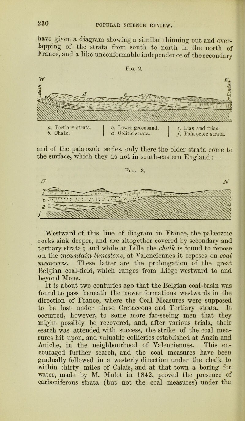 have given a diagram showing a similar thinning out and over- lapping of the strata from south to north in the north of France, and a like unconformable independence of the secondary Fig. 2. W and of the palaeozoic series, only there the older strata come to the surface, which they do not in south-eastern England : — Fi g. 3. jV Westward of this line of diagram in France, the palaeozoic rocks sink deeper, and are altogether covered by secondary and tertiary strata ; and while at Lille the chalk is found to repose on the mountain limestone, at Valenciennes it reposes on coal measures. These latter are the prolongation of the great Belgian coal-field, which ranges from Liege westward to and beyond Mons. It is about two centuries ago that the Belgian coal-basin was found to pass beneath the newer formations westwards in the direction of France, where the Coal Measures were supposed to be lost under these Cretaceous and Tertiary strata. It occurred, however, to some more far-seeing men that they might possibly be recovered, and, after various trials, their search was attended with success, the strike of the coal mea- sures hit upon, and valuable collieries established at Anzin and Aniche, in the neighbourhood of Valenciennes. This en- couraged further search, and the coal measures have been gradually followed in a westerly direction under the chalk to within thirty miles of Calais, and at that town a boring for water, made by M. Mulot in 1842, proved the presence of carboniferous strata (but not the coal measures) under the