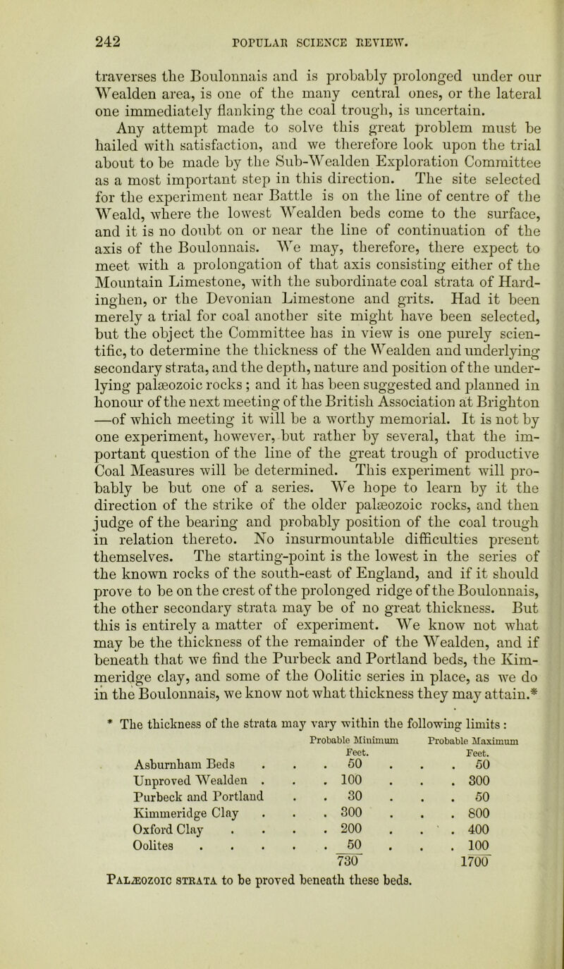 traverses tlie Boulonnais and is probably prolonged under our Wealden area, is one of the many central ones, or the lateral one immediately flanking the coal trough, is uncertain. Any attempt made to solve this great problem must be hailed with satisfaction, and we therefore look upon the trial about to be made by the Sub-Wealden Exploration Committee as a most important step in this direction. The site selected for the experiment near Battle is on the line of centre of the Weald, where the lowest Wealden beds come to the surface, and it is no doubt on or near the line of continuation of the axis of the Boulonnais. We may, therefore, there expect to meet with a prolongation of that axis consisting either of the Mountain Limestone, with the subordinate coal strata of Hard- inghen, or the Devonian Limestone and grits. Had it been merely a trial for coal another site might have been selected, but the object the Committee has in view is one purely scien- tific, to determine the thickness of the Wealden and underlying secondary strata, and the depth, nature and position of the under- lying palaeozoic rocks ; and it has been suggested and planned in honour of the next meeting of the British Association at Brighton —of which meeting it will be a w7orthy memorial. It is not by one experiment, however, but rather by several, that the im- portant question of the line of the great trough of productive Coal Measures will be determined. This experiment will pro- bably be but one of a series. We hope to learn by it the direction of the strike of the older palaeozoic rocks, and then judge of the bearing and probably position of the coal trough in relation thereto. No insurmountable difficulties present themselves. The starting-point is the lowest in the series of the known rocks of the south-east of England, and if it should prove to be on the crest of the prolonged ridge of the Boulonnais, the other secondary strata may be of no great thickness. But this is entirely a matter of experiment. We know not what may be the thickness of the remainder of the Wealden, and if beneath that we find the Purbeck and Portland beds, the Kim- meridge clay, and some of the Oolitic series in place, as we do in the Boulonnais, we know not what thickness they may attain.* * The thickness of the strata may vary 'within the following limits : Asburnham Beds Probable Minimum Feet. . 50 Probable Maximum Feet. . 50 Unproved Wealden . . 100 . 300 Purbeck and Portland . 30 . 50 Kimmeridge Clay . 300 . 800 Oxford Clay . 200 . 1 . 400 Oolites . 50 . 100 730 1700 Palaeozoic strata to be proved beneath these beds.