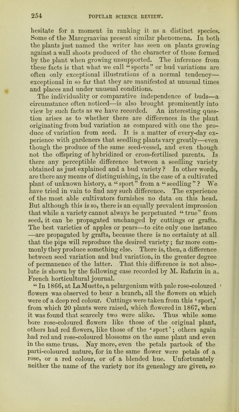 hesitate for a moment in ranking it as a distinct species. Some of the Marcgraavias present similar phenomena. In both the plants just named the writer lias seen on plants growing against a wall shoots produced of the character of those formed by the plant when growing unsupported. The inference from these facts is that what we call “ sports ” or bud variations are often only exceptional illustrations of a normal tendency— exceptional in so far that they are manifested at unusual times and places and under unusual conditions. The individuality or comparative independence of buds—a circumstance often noticed—is also brought prominently into view by such facts as we have recorded. An interesting ques- tion arises as to whether there are differences in the plant originating from bud variation as compared with one the pro- duce of variation from seed. It is a matter of every-day ex- perience with gardeners that seedling plants vary greatly—even though the produce of the same seed-vessel, and even though not the offspring of hybridized or cross-fertilised parents. Is there any perceptible difference between a seedling variety obtained as just explained and a bud variety ? In other words, are there any means of distinguishing, in the case of a cultivated plant of unknown history, a “sport” from a “seedling” ? We have tried in vain to find any such difference. The experience of the most able cultivators furnishes no data on this head. But although this is so, there is an equally prevalent impression that while a variety cannot always be perpetuated “ true” from seed, it can be propagated unchanged by cuttings or grafts. The best varieties of apples or pears—to cite only one instance —are propagated by grafts, because there is no certainty at all that the pips will reproduce the desired variety; far more com- monly they produce something else. There is, then, a difference between seed variation and bud variation, in the greater degree of permanence of the latter. That this difference is not abso- lute is shown by the following case recorded by M. Bafarin in a. French horticultural journal. “ In 1866, at LaMuette, a pelargonium with pale rose-coloured flowers was observed to bear a branch, all the flowers on which were of a deep red colour. Cuttings were taken from this 4 sport,’ from which 20 plants were raised, which flowered in 1867, when it was found that scarcely two were alike. Thus while some bore rose-coloured flowers like those of the original plant, others had red flowers, like those of the £ sport ’; others again had red and rose-coloured blossoms on the same plant and even in the same truss. Nay more, even the petals partook of the parti-coloured nature, for in the same flower were petals of a rose, or a red colour, or of a blended hue. Unfortunately neither the name of the variety nor its genealogy are given, so